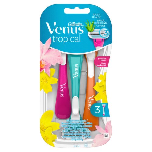 <b>Features</b><br/>DISPOSABLE RAZORS: 3 Venus Tropical women's disposable razors. No refills needed<br/>SMOOTH & CLOSE: 3 blades for a smooth, close shave<br/>SCENTED HANDLE: with a fresh tropical fragrance<br/>SEAMLESS GLIDE: these disposable razors for women have a water-activated lubrastrip to help bring a fluid glide to your shaving<br/>ADAPTIVE DESIGN: these women's razors have a pivoting rounded head that fits easily into hard-to-shave areas<br/><br/><br/><b>Ingredients</b><br/>PEG-115M<br/>PEG-7M<br/>PEG-100<br/>Silica<br/>Pentaerythrityl Tetra-Di-T-Butyl Hydroxyhydrocinnamate<br/>Tris(Di-T-Butyl)Phosphite<br/>Aloe Barbadensis Leaf Juice<br/>BHT<br/><br/><b>Number of Units</b><br/>3<br/><br/><b>Storage Type</b><br/>Ambient<br/><br/>Country of Origin - Poland<br/>Packed In - Poland<br/><br/><b>Origin</b><br/>Poland<br/><br/><b>Telephone Helpline</b><br/>0800 445 53 883<br/><br/><b>Return To</b><br/>Procter & Gamble UKWeybridgeSurreyKT13 0XPUnited Kingdom<br/><br/>