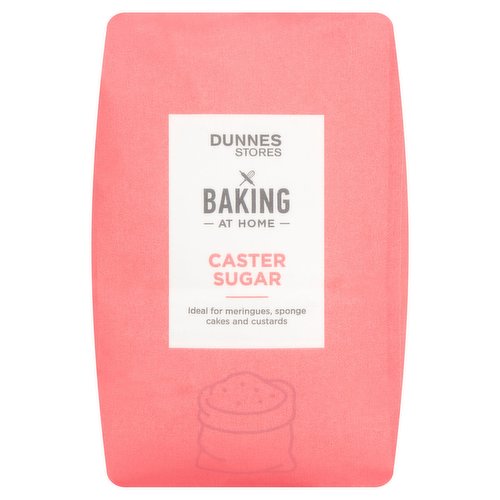 Caster Sugar<br/><br/><b>Features</b><br/>Ideal for meringues, sponge cakes and custards<br/><br/><b>Pack Size</b><br/>1kg ℮<br/><br/><b>Recycling Info</b><br/>Bag - Paper - Widely Recycled<br/><br/><br/><b>Ingredients</b><br/>Caster Sugar (100%)<br/><br/><b>Storage Type</b><br/>Ambient<br/><br/><b>Storage</b><br/>- Store in a cool dry place.<br/>
- Once opened, store in an airtight container.<br/>
- For 'best before end' date, see top of bag.<br/><br/><b>Preparation and Usage</b><br/>Serving<br/>
- Ideal for meringues, sponge cakes and custards.<br/><br/><b>Origin</b><br/>Packed in Co. Dublin<br/><br/><b>Company Name</b><br/>Dunnes Stores<br/><br/><b>Company Address</b><br/>46-50 South Great George's Street,<br/>
Dublin 2.<br/>
<br/>
Store 3,<br/>
Forestside S.C.,<br/>
Upr. Galwally Rd.,<br/>
Belfast,<br/>
BT8 6FX.<br/><br/><b>Return To</b><br/>Quality Guarantee<br/>
Dunnes Stores is a brand of quality and better value since 1944. If you try and are not entirely satisfied with this Dunnes Stores product, please return the item with the original packaging and receipt to the store and we will be happy to replace or refund it for you. This does not affect your statutory rights.<br/>
Dunnes Stores,<br/>
46-50 South Great George's Street,<br/>
Dublin 2.<br/>
<br/>
Dunnes Stores,<br/>
Store 3,<br/>
Forestside S.C.,<br/>
Upr. Galwally Rd.,<br/>
Belfast,<br/>
BT8 6FX.<br/>