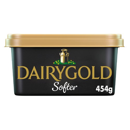 Blended Spread 66% (41% Milk Fat and 25% Vegetable Oil) Irish Butter Softened with Rapeseed Oil<br/><br/><b>Features</b><br/>Perfectly Churned, Buttery Soft, Dairygold Taste<br/>Traditionally made using natural ingredients<br/>Contains no hydrogenated oils<br/>Suitable for vegetarians<br/><br/><b>Lifestyle</b><br/>Suitable for Vegetarians<br/><br/><b>Pack Size</b><br/>454g ℮<br/><br/><b>Usage Other Text</b><br/>This pack contains 45 servings<br/><br/><b>Usage Count</b><br/>Number of uses - Servings - 45<br/><br/><br/><b>Ingredients</b><br/><span style='font-weight: bold;'>Butter</span> (50%) (<span style='font-weight: bold;'>Milk</span>)<br/>Rapeseed Oil (25%)<br/>Water<br/>Salt<br/>Colour (Carotenes)<br/><br/><b>Allergy Advice</b><br/>For Allergens see ingredients in <span style='font-weight: bold;'>bold</span>.<br/><br/><br/><b>Storage Type</b><br/>Chilled<br/><br/><b>Storage and Usage Statements</b><br/>Keep Refrigerated<br/><br/><b>Storage</b><br/>Keep Refrigerated<br/>
Best Before: See Lid<br/><br/><b>Company Name</b><br/>Kerry EMEA<br/><br/><b>Company Address</b><br/>Naas,<br/>
Co. Kildare,<br/>
W91 W923.<br/><br/><b>Telephone Helpline</b><br/>(ROI) 1850 924 632<br/><br/><b>Web Address</b><br/>www.yourdairygold.ie<br/><br/><b>Return To</b><br/>www.yourdairygold.ie<br/>
Write to us at:<br/>
Kerry EMEA,<br/>
Naas,<br/>
Co. Kildare,<br/>
W91 W923.<br/>
Ireland (ROI) 1850 924 632<br/>