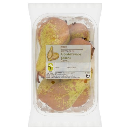 <b>Features</b><br/>Sweet & Crisp<br/>1 Pear 1 of 5 a day<br/><br/><b>Storage Type</b><br/>Ambient<br/><br/><b>Storage</b><br/>Store in a cool dry place.<br/><br/><b>Preparation and Usage</b><br/>Wash before eating.<br/><br/><b>Company Name</b><br/>Dunnes Stores<br/><br/><b>Company Address</b><br/>46-50 South Great George's Street,<br/>
Dublin 2.<br/>
<br/>
Store 3,<br/>
Forestside S.C,<br/>
Upr Galwally Rd,<br/>
Belfast,<br/>
BT8 6FX.<br/><br/><b>Return To</b><br/>Quality Guarantee<br/>
Dunnes Stores is a brand of quality and better values since 1944. If you try and are not entirely satisfied with this Dunnes Stores product, please return the item with the original packaging and receipt to the store and we will be happy to replace or refund it for you. This does not affect your statutory rights.<br/>
Dunnes Stores,<br/>
46-50 South Great George's Street,<br/>
Dublin 2.<br/>
<br/>
Dunnes Stores,<br/>
Store 3,<br/>
Forestside S.C,<br/>
Upr Galwally Rd,<br/>
Belfast,<br/>
BT8 6FX.<br/><br/>