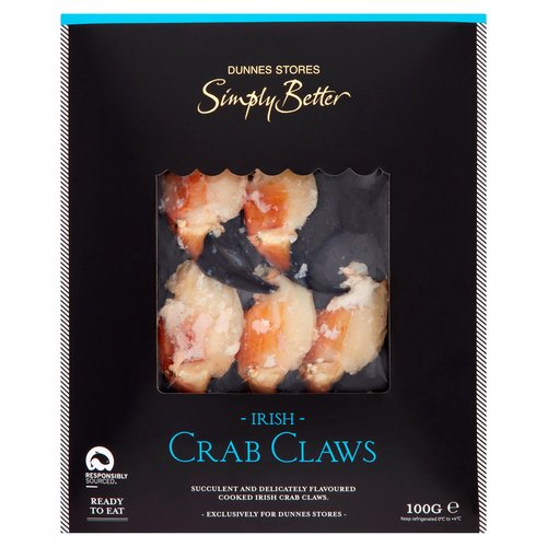 Irish Crab Claws<br/><br/><b>Features</b><br/>Ready to eat<br/>Responsibly sourced<br/>Succulent and delicately flavoured cooked Irish crab claws<br/><br/><b>Pack Size</b><br/>100g ℮<br/><br/><br/><b>Ingredients</b><br/>Irish Crab Claws (100%) (<span style='font-weight: bold;'>Crustaceans</span>)<br/><br/><b>Allergy Advice</b><br/>For allergens, see ingredients in <span style='font-weight: bold;'>bold</span><br/><br/><br/><b>Safety Warning</b><br/>CAUTION<br/>
This product contains shell.<br/><br/><b>Storage Type</b><br/>Chilled<br/><br/><b>Storage and Usage Statements</b><br/>Not Suitable for Home Freezing<br/>Keep Refrigerated<br/>Ready to Eat<br/><br/><b>Storage</b><br/>Keep refrigerated 0ºC to + 4ºC.<br/>
Consume within 24 hours of opening and by 'use by' date.<br/>
This product has been previously frozen, defrosted to chill temperature under controlled conditions and is not suitable for home freezing.<br/><br/><b>Storage Conditions</b><br/>Min Temp °C 0<br/>Max Temp °C 4<br/><br/><b>Preparation and Usage</b><br/>Serving Suggestion<br/>
This product is cooked and ready for you to enjoy, no further cooking is required.<br/>
These crab claws are delicious with a squeeze of lemon and dipped in garlic aioli.<br/><br/><b>Origin</b><br/>Irish Crab (Cancer pagurus) caught in North East Atlantic<br/>Produced and Packed in Co. Cork<br/><br/><b>Company Name</b><br/>Dunnes Stores / Dunnes Stores (Bangor) Ltd.<br/><br/><b>Company Address</b><br/>Dunnes Stores,<br/>
46-50 South Great George's Street,<br/>
Dublin 2.<br/>
<br/>
Dunnes Stores (Bangor) Ltd.,<br/>
28 Hill Street,<br/>
Newry,<br/>
Co. Down,<br/>
BT34 1AR.<br/><br/><b>Return To</b><br/>Our Quality Guarantee<br/>
Dunnes Stores is a brand of quality and better value since 1944. If you try and are not entirely satisfied with this Dunnes Stores product, please return the item with the original packaging and receipt to the store and we will be happy to replace or refund it for you. This does not affect your statutory rights.<br/>
Dunnes Stores,<br/>
46-50 South Great George's Street,<br/>
Dublin 2.<br/>
<br/>
Dunnes Stores (Bangor) Ltd.,<br/>
28 Hill Street,<br/>
Newry,<br/>
Co. Down,<br/>
BT34 1AR.<br/>