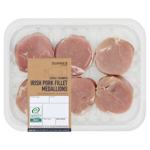 Fresh Irish Pork Fillet Medallions<br/><br/><b>Features</b><br/>Extra Trimmed<br/>Hand prepared by our butchers<br/>Pan Fry for 16 Minutes, Basting Throughout<br/><br/><b>Safety Warning</b><br/>CAUTION: This product is raw and must be cooked. Whilst every effort has been made to remove all bones, some may remain. Wash all surfaces, utensils and hands after contact with raw meat. Keep all raw and cooked products separate.<br/><br/><b>Storage Type</b><br/>Chilled<br/><br/><b>Storage and Usage Statements</b><br/>Suitable for Home Freezing<br/>Keep Refrigerated<br/><br/><b>Storage</b><br/>Keep Refrigerated 0°C to +4°C. Consume within 24 hours of opening and by 'use by' date. For 'use by' date and weight, see top of pack. Suitable for home freezing. If freezing, freeze on the day of purchase and consume within 1 month. Defrost thoroughly in refrigerator before cooking and use within 24 hours. Once thawed do not refreeze.<br/><br/><b>Storage Conditions</b><br/>Min Temp °C 0<br/>Max Temp °C 4<br/><br/><b>Cooking Guidelines</b><br/>Cooking Instructions - General - Cooking times will vary with appliances, the following are guidelines only.<br/>
Do not reheat.<br/>Shallow Fry - From Chilled - Remove all packaging. Drizzle with a little oil and season with salt and freshly ground black pepper. 12-16 mins.<br/>
Preheat a pan over a High heat. Sear medallions on both sides, reduce the heat to Medium and cook for time indicated, turning occasionally.<br/>
Allow the medallions to rest for 3 minutes before serving.<br/>
Ensure product is piping hot throughout.<br/><br/>Country of Origin - Ireland<br/>Packed In - United Kingdom<br/><br/><b>Origin</b><br/>Reared in Ireland, Slaughtered and Packed in the U.K. (Northern Ireland)<br/><br/><b>Company Name</b><br/>Dunnes Stores / Dunnes Stores (Bangor) Ltd.<br/><br/><b>Company Address</b><br/>Dunnes Stores,<br/>
46-50 South Great George's Street,<br/>
Dublin 2.<br/>
<br/>
Dunnes Stores (Bangor) Ltd.,<br/>
28 Hill Street,<br/>
Newry,<br/>
Co. Down,<br/>
BT34 1AR.<br/><br/><b>Return To</b><br/>Dunnes Stores,<br/>
46-50 South Great George's Street,<br/>
Dublin 2.<br/>
<br/>
Dunnes Stores (Bangor) Ltd.,<br/>
28 Hill Street,<br/>
Newry,<br/>
Co. Down,<br/>
BT34 1AR.<br/>