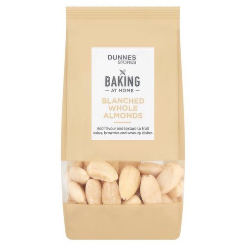 Blanched Whole Almonds<br/><br/><b>Features</b><br/>Add flavour and texture to fruit cakes, brownies and savoury dishes<br/><br/><b>Pack Size</b><br/>100g ℮<br/><br/><b>Recycling Info</b><br/>Bag - Plastic - Widely Recycled<br/><br/><br/><b>Ingredients</b><br/>Blanched Whole <span style='font-weight: bold;'>Almonds</span> (100%)<br/><br/><b>Allergy Advice</b><br/>For allergens, see ingredients in bold.<br/><br/><br/><b>Allergy Text</b><br/>May contain other Nuts and Sesame Seeds.Not suitable for Nut allergy sufferers<br/><br/><br/><b>Safety Warning</b><br/>CAUTION: Whilst every effort has been made to remove all shells and stones, some may remain. Not suitable for small children who can choke on nuts.<br/><br/><b>Storage Type</b><br/>Ambient<br/><br/><b>Storage</b><br/>Store in a cool dry place. Once opened, store in an airtight container.<br/><br/><b>Origin</b><br/>Packed in Co. Dublin<br/><br/><b>Company Name</b><br/>Dunnes Stores<br/><br/><b>Company Address</b><br/>46-50 South Great George's Street,<br/>
Dublin 2.<br/>
<br/>
Store 3,<br/>
Forestside S.C.,<br/>
Upr. Galwally Rd.,<br/>
Belfast,<br/>
BT8 6FX.<br/><br/><b>Return To</b><br/>Dunnes Stores,<br/>
46-50 South Great George's Street,<br/>
Dublin 2.<br/>
<br/>
Dunnes Stores,<br/>
Store 3,<br/>
Forestside S.C.,<br/>
Upr. Galwally Rd.,<br/>
Belfast,<br/>
BT8 6FX.<br/>