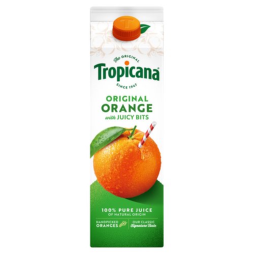Orange Juice with Juicy Bits<br/><br/><b>Further Description</b><br/>Enjoy Tropicana as part of varied and balanced diet and healthy lifestyle.<br/><br/><b>Nutritional Claims</b><br/>As with all fruit juices this product contains no added sugar<br/><br/><b>Features</b><br/>100% Pure Pressed Fruit<br/>Hand-picked Oranges, squeezed within 24 hours<br/>1 of 5 a day per 150ml<br/>Not from Concentrate<br/>Vitamin C<br/><br/><b>Lifestyle</b><br/>No Added Sugar<br/>Suitable for Vegans<br/><br/><b>Pack Size</b><br/>900ml ℮<br/><br/><b>Usage Other Text</b><br/>1 serving = 150ml. This pack contains 6 servings<br/><br/><b>Usage Count</b><br/>Number of uses - Servings - 6<br/><br/><br/><b>Ingredients</b><br/>Orange Juice<br/><br/><b>Storage Type</b><br/>Ambient<br/><br/><b>Storage</b><br/>Always store in your refrigerator.<br/>
For best before date please see top of carton.<br/><br/><b>Preparation and Usage</b><br/>Shake well before serving and use within 5 days of opening.<br/><br/><b>Company Name</b><br/>Tropicana Brands Group<br/><br/><b>Company Address</b><br/>Tropicana Brands Group<br/>
PO Box 3270<br/>
READING<br/>
RG1 9PE<br/><br/><b>Durability after Opening</b><br/>Consume Within - Days - 5<br/><br/><b>Telephone Helpline</b><br/>+44 0800 111 4559<br/><br/><b>Return To</b><br/>Tropicana Brands Group<br/>
PO Box 3270<br/>
READING<br/>
RG1 9PE<br/>