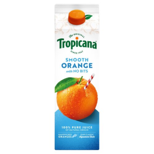 Smooth Orange Juice<br/><br/><b>Further Description</b><br/>Enjoy Tropicana as part of a varied and balanced diet and healthy lifestyle.<br/><br/><b>Nutritional Claims</b><br/>No added sugar<br/><br/><b>Features</b><br/>Orange with No Bits<br/>100% Pure Pressed Fruit<br/>Not from Concentrate<br/>1 of 5 a Day Per 150ml<br/>No Added Sugar<br/><br/><b>Lifestyle</b><br/>No Added Sugar<br/>Suitable for Vegans<br/><br/><b>Pack Size</b><br/>900ml ℮<br/><br/><b>Usage Other Text</b><br/>1 serving = 150ml. This pack contains 6 servings<br/><br/><b>Usage Count</b><br/>Number of uses - Servings - 6<br/><br/><br/><b>Ingredients</b><br/>Orange Juice<br/><br/><b>Storage Type</b><br/>Ambient<br/><br/><b>Storage</b><br/>Always store in your refrigerator.<br/>
For best before date please see top of carton.<br/><br/><b>Preparation and Usage</b><br/>Shake well before serving and use within 5 days of opening.<br/><br/><b>Company Name</b><br/>Tropicana Brands Group<br/><br/><b>Company Address</b><br/>Tropicana Brands Group<br/>
PO Box 3270<br/>
READING<br/>
RG1 9PE<br/><br/><b>Durability after Opening</b><br/>Consume Within - Days - 5<br/><br/><b>Telephone Helpline</b><br/>UK +44 0800 111 4555<br/><br/><b>Return To</b><br/>Tropicana Brands Group<br/>
PO Box 3270<br/>
READING<br/>
RG1 9PE<br/>