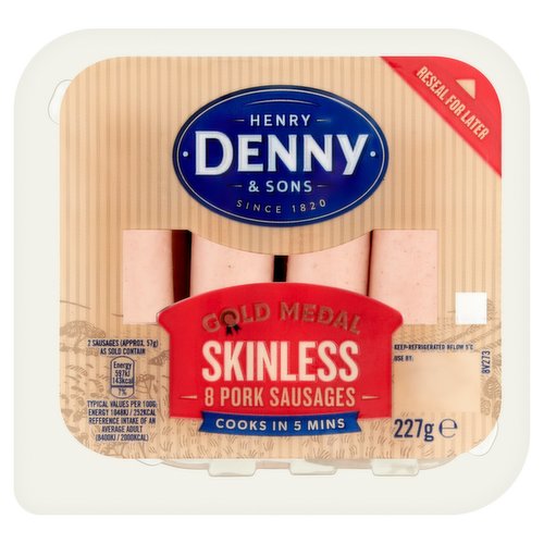 Henry Denny & Sons Gold Medal 8 Skinless Pork Sausages 227g