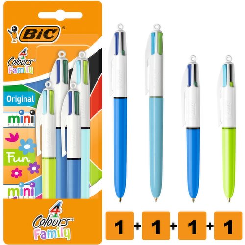 <b>Features</b><br/>The ultimate set of all-in-one BIC ballpoints that change colours without changing pens - all with multipurpose medium 1.0 mm points<br/>You get 1 BIC 4 Colours Original pen plus a cute 12 cm 4 Colours Mini ball pen - and they both write in blue, red, green, and black ink<br/>Includes 1 BIC 4 Colours Fun pen and the smaller 4 Colours Mini Fashion Colours that write in pink, purple, turquoise, and lime green<br/>All 4 offer effortless writing with fluid ink and meticulously crafted ballpoints that seamlessly glide on paper<br/>Uncompromising quality, these 4-colour BIC Biro pens are made at BIC's own plants based on unmatched expertise<br/><br/><b>Number of Units</b><br/>4<br/><br/><b>Storage Type</b><br/>Ambient<br/><br/>Country of Origin - France<br/><br/><b>Company Name</b><br/>BIC<br/><br/><b>Company Address</b><br/>14, rue Jeanne d'Asnières,<br/>
92611 Clichy Cedex,<br/>
France.<br/><br/><b>Web Address</b><br/>www.bicworld.com<br/><br/><b>Return To</b><br/>www.bicworld.com<br/><br/>