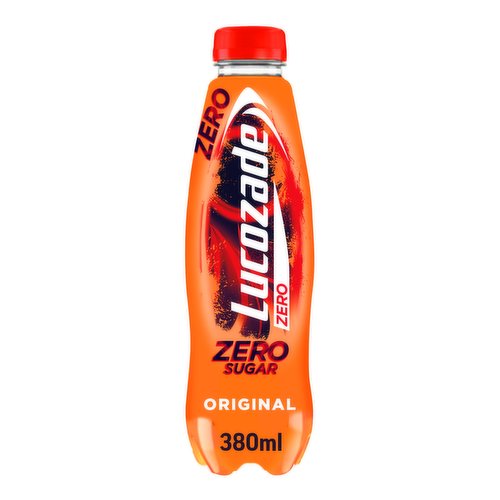 Sparkling sugar free citrus flavour drink with sweeteners<br/><br/><b>Features</b><br/>Now with ZERO calories! Lucozade Energy Original 380ml. Lucozade Energy contains Glucose, and has the original taste so many know and love! Best enjoyed cold.<br/><br/><b>Pack Size</b><br/>380ml<br/><br/><b>Usage Count</b><br/>Number of uses - Servings - 1<br/><br/><b>Recycling Info</b><br/>Bottle - Plastic - Widely Recycled<br/><br/><br/><b>Ingredients</b><br/>Carbonated Water<br/>Acids (Citric Acid, Lactic Acid)<br/>Acidity Regulators (Sodium Citrate, Sodium Lactate)<br/>Flavourings<br/>Preservative (Potassium Sorbate)<br/>Sweeteners (Aspartame, Acesulfame K)<br/>Caffeine<br/>Antioxidant (Ascorbic Acid)<br/>Colours (Sunset Yellow, Ponceau 4R)<br/>Niacin (Vitamin B3)<br/><br/><b>Storage Type</b><br/>Ambient<br/><br/><b>Preparation and Usage</b><br/>Enjoy it cold and as part of a balanced diet and an active lifestyle.<br/><br/><b>Company Name</b><br/>Lucozade Ribena Suntory Limited<br/><br/><b>Company Address</b><br/>2 Longwalk Road,<br/>
Stockley Park,<br/>
Uxbridge,<br/>
UB11 1BA.<br/><br/><b>Trademark Information</b><br/>LUCOZADE, LUCOZADE ZERO and the Arc Device are registered trade marks of Lucozade Ribena Suntory Ltd. © Lucozade Ribena Suntory Ltd. All rights reserved.<br/><br/><b>Telephone Helpline</b><br/>UK: 0800 085 5229<br/>
ROI: 1800 989 488<br/><br/><b>Web Address</b><br/>www.LucozadeEnergy.com<br/><br/><b>Return To</b><br/>Consumer Care, Lucozade Ribena Suntory Ltd., Stockley Park, Uxbridge, UB11 1BA, UK.<br/>