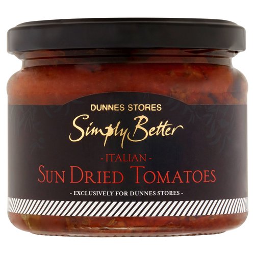 Sun Dried Tomatoes Marinated in Extra Virgin Olive Oil<br/><br/><b>Pack Size</b><br/>290g ℮<br/><br/><br/><b>Ingredients</b><br/>Sun Dried Tomatoes (59.4%)<br/>Extra Virgin Olive Oil (37.9%)<br/>Salt<br/>Capers<br/>Oregano<br/>White Wine Vinegar<br/><br/><b>Storage Type</b><br/>Ambient<br/><br/><b>Storage and Usage Statements</b><br/>Not Suitable for Home Freezing<br/><br/><b>Storage</b><br/>Store in a cool dry place.<br/>
Once opened, keep refrigerated, covered in oil and consume within 7 days.<br/>
Not suitable for home freezing.<br/>
For 'best before end' date, see jar.<br/><br/>Country of Origin - Italy<br/>Packed In - Italy<br/><br/><b>Origin</b><br/>Produced and packed in Italy<br/><br/><b>Company Name</b><br/>Dunnes Stores / Dunnes Stores (Bangor) Ltd.<br/><br/><b>Company Address</b><br/>Dunnes Stores,<br/>
46-50 South Great George's Street,<br/>
Dublin 2.<br/>
<br/>
Dunnes Stores (Bangor) Ltd.,<br/>
28 Hill Street,<br/>
Newry,<br/>
Co. Down,<br/>
BT34 1AR.<br/><br/><b>Return To</b><br/>Dunnes Stores,<br/>
46-50 South Great George's Street,<br/>
Dublin 2.<br/>
<br/>
Dunnes Stores (Bangor) Ltd.,<br/>
28 Hill Street,<br/>
Newry,<br/>
Co. Down,<br/>
BT34 1AR.<br/>