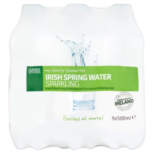Carbonated Irish Spring Water<br/><br/><b>Features</b><br/>Slowly filtered through limestone rock for a pure and refreshing taste<br/>Bottled at source!<br/><br/><b>Pack Size</b><br/>500ml ℮<br/><br/><b>Recycling Info</b><br/>Bottle - Plastic - Widely Recycled<br/>Cap - Plastic - Check Local Recycling<br/>Label - glued - Plastic - Not Currently Recycled<br/><br/><br/><b>Ingredients</b><br/>Carbonated Irish Spring Water<br/><br/><b>Lower Age Limit</b><br/>Advisory - Months - 36<br/><br/><b>Number of Units</b><br/>9<br/><br/><b>Safety Warning</b><br/>CAUTION<br/>
Pressurised container. Open with care.<br/>
Packaging not suitable for children under 36 months as it contains inedible components which may pose a choking hazard.<br/><br/><b>Storage Type</b><br/>Ambient<br/><br/><b>Storage</b><br/>Store in a cool dry place and away from direct sunlight.<br/>
Once opened keep refrigerated and consume with 3 days.<br/>
For 'best before end' date, see shoulder of bottle.<br/><br/>Country of Origin - Ireland<br/><br/><b>Origin</b><br/>Produced in Ireland<br/>Bottled at source from the Glenpatrick Spring, Co. Tipperary<br/><br/><b>Product Composition</b><br/>Carbonated<br/><br/><b>Company Name</b><br/>Dunnes Stores / Dunnes Stores (Bangor) Ltd.<br/><br/><b>Company Address</b><br/>Dunnes Stores,<br/>
46-50 South Great George's Street,<br/>
Dublin 2.<br/>
<br/>
Dunnes Stores (Bangor) Ltd.,<br/>
28 Hill Street,<br/>
Newry,<br/>
Co. Down,<br/>
BT34 1AR.<br/><br/><b>Return To</b><br/>Quality Guarantee<br/>
Dunnes Stores is a brand of quality and better value since 1944. If you try and are not entirely satisfied with this Dunnes Stores product, please return the item with the original packaging and receipt to the store and we will be happy to replace or refund it for you. This does not affect your statutory rights.<br/>
Dunnes Stores,<br/>
46-50 South Great George's Street,<br/>
Dublin 2.<br/>
<br/>
Dunnes Stores (Bangor) Ltd.,<br/>
28 Hill Street,<br/>
Newry,<br/>
Co. Down,<br/>
BT34 1AR.<br/><br/><style>table {border-collapse:collapse}td {background:#f0f3f7;border: 1px solid gray;border-collapse:collapse;} th {background:lightgray;border: 1px solid gray;border-collapse:collapse;} .sectHead {font-weight:bold;} </style><p><span class=sectHead>Nutrition</span><table><tr><th></th><th>mg/L</th></tr><tr><td>Calcium</td><td>80</td></tr><tr><td>Magnesium</td><td>23</td></tr><tr><td>Sodium</td><td>18</td></tr><tr><td>Potassium</td><td>1.5</td></tr><tr><td>Bicarbonate</td><td>293</td></tr><tr><td>Chloride</td><td>20</td></tr><tr><td>Sulphate</td><td>31</td></tr><tr><td>Nitrate</td><td>3</td></tr><tr><td>pH at source</td><td>7.0</td></tr></table></p>
