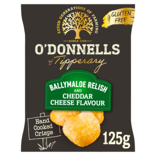 Ballymaloe Relish & Irish Cheddar Flavour Hand Cooked Potato Crisps<br/><br/><b>Further Description</b><br/>You may notice this 125g pack feels a little different. That's because we are now using 18% less packaging. At O'Donnells, through our packaging reduction initiatives, we are committed to reducing our impact on the planet, one bag of crisps at a time.<br/>
<br/>
Seven Generations of Farming - Seskin Farm<br/><br/><b>Features</b><br/>Hand cooked crisps<br/>Free from Food Awards Ireland - Bronze Award Winner 2020<br/>Fried in 100% high oleic sunflower oil<br/>No hydrogenated fats<br/>No Added MSG<br/>Gluten Free<br/>Does not contain added MSG<br/>No artificial colours or flavours<br/>No GM ingredients<br/>Suitable for vegetarians<br/><br/><b>Lifestyle</b><br/>Gluten free<br/>Suitable for Vegetarians<br/><br/><b>Pack Size</b><br/>125g ℮<br/><br/><b>Usage Other Text</b><br/>125g pack = Approximately 3 servings<br/><br/><b>Usage Count</b><br/>Number of uses - Servings - 3<br/><br/><br/><b>Ingredients</b><br/>Potatoes<br/>High Oleic Sunflower Oil<br/>Ballymaloe Relish & Irish Cheddar Flavour (Sugar, Natural Flavourings, Salt, Onion Powder, Tomato Powder, Yeast Extract, Cheese Powder (<span style='font-weight: bold;'>MILK</span>), Whole <span style='font-weight: bold;'>MILK</span> Powder, Acid (Citric Acid), Spices, Dried Wexford Cheddar Cheese Powder (<span style='font-weight: bold;'>MILK</span>), Garlic Powder, Colour (Paprika Extract), Antioxidant Rosemary Extract))<br/><br/><b>Storage Type</b><br/>Ambient<br/><br/><b>Storage</b><br/>Keep these hand cooked crisps cool, dry and away from bright lights and strong flavours.<br/><br/><b>Origin</b><br/>Produced in Co. Meath<br/><br/><b>Company Name</b><br/>O'Donnells Crisps<br/><br/><b>Company Address</b><br/>O'Donnells Crisps,<br/>
Seskin Farm,<br/>
Kilsheelan,<br/>
Clonmel,<br/>
Co. Tipperary,<br/>
Ireland.<br/><br/><b>Web Address</b><br/>www.odonnellscrisps.com<br/><br/><b>Return To</b><br/>O'Donnells Crisps,<br/>
Seskin Farm,<br/>
Kilsheelan,<br/>
Clonmel,<br/>
Co. Tipperary,<br/>
Ireland.<br/>
<br/>
Northern Snack Foods Ltd.,<br/>
Lissue Road Industrial Estate,<br/>
Lissue Road,<br/>
Lisburn,<br/>
Co. Antrim,<br/>
BT28 2LU.<br/>
www.odonnellscrisps.com<br/>