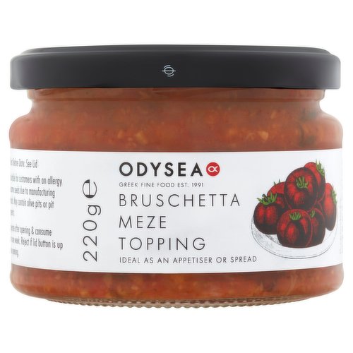 Roasted Red Pepper & Olive Bruschetta<br/><br/><b>Features</b><br/>Ideal as an appetiser or spread<br/>Suitable for vegetarians<br/><br/><b>Lifestyle</b><br/>Suitable for Vegetarians<br/><br/><b>Pack Size</b><br/>220g ℮<br/><br/><br/><b>Ingredients</b><br/>Roasted Red Peppers (15%)<br/>Green Olives (13%)<br/>Kalamata Olives (12%)<br/>Onions<br/>Water<br/>Roasted Aubergines<br/>Courgettes<br/>Tomato Paste<br/>Tomatoes (4%)<br/>Sunflower Oil<br/>Sun Dried Tomatoes<br/>Herbs & Spices<br/>Aubergines<br/>Extra Virgin Olive Oil<br/>Red Wine Vinegar<br/>Sea Salt<br/>Concentrated Grape Juice<br/>Corn Starch<br/>Sugar<br/>Antioxidant (Ascorbic Acid)<br/><br/><b>Allergy Text</b><br/>Not suitable for customers with an allergy to Sesame Seeds due to manufacturing methods.<br/><br/><br/><b>Safety Warning</b><br/>May contain olive pits or pit fragments.<br/>
<br/>
Reject if lid button is up before opening.<br/><br/><b>Storage Type</b><br/>Ambient<br/><br/><b>Storage</b><br/>For Best Before Date: See Lid<br/>
Refrigerate after opening & consume within one week.<br/><br/>Country of Origin - Greece<br/><br/><b>Origin</b><br/>Produced in Greece<br/><br/><b>Company Name</b><br/>Odysea Ltd.<br/><br/><b>Company Address</b><br/>2 Dorma Trading Park,<br/>
London,<br/>
E10 7QX.<br/><br/><b>Web Address</b><br/>www.odysea.com<br/><br/><b>Return To</b><br/>Odysea Ltd.,<br/>
2 Dorma Trading Park,<br/>
London,<br/>
E10 7QX.<br/>
www.odysea.com<br/>