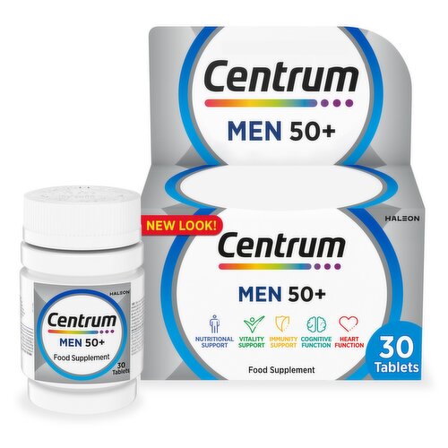 Centrum Men 50+ Multivitamin Tablets 30s<br/><br/><br/><b>Ingredients</b><br/>Calcium salts of orthophosphoric acid (Dicalcium phosphate); Magnesium oxide; Calcium carbonate; Bulking agents: E 460, E 464, E 1200; L-ascorbic acid; DL-alpha tocopheryl acetate; Anticaking agents: E 468, E 551, E 553b; Nicotinamide; Calcium D-pantothenate; Ferrous fumarate; Zinc oxide; Manganese sulphate; Emulsifier: E 470b; Beta-carotene; Pyridoxine hydrochloride; Thiamin mononitrate; Riboflavin; Gelatine; Cupric sulphate; Vegetable oil (Coconut & Palm kernel); Retinyl acetate; Pteroylmonoglutamic acid; Chromium (III) chloride; Sodium molybdate; Potassium iodide; Sodium selenate; D-biotin; Phylloquinone; Antioxidant: E 321; Cholecalciferol; Cyanocobalamin; Colours: E 171, E 132.As we are always looking to improve our products, our formulations change from time to time, so please always check the packaging before use.<br/><br/><b>Lower Age Limit</b><br/>Advisory - Years - 50<br/><br/><b>Number of Units</b><br/>30<br/><br/><b>Safety Warning</b><br/>A healthy lifestyle and a varied and balanced diet are important. This product should not be used as a substitute for a varied diet and healthy lifestyle. If taking other supplements, please read the label as they may contain the same ingredients. Suitable for adult men aged over 50. Product contains iron which can be harmful to children if taken in large doses. The container inside this pack is sealed for your safety. Do not use if the foil is broken. For best before date, see side of carton. Always replace the lid after use.<br/><br/><b>Storage Type</b><br/>Ambient<br/><br/><b>Storage</b><br/>Store out of sight and reach of young children. Store in a cool dry place below 25 °C.<br/><br/><b>Preparation and Usage</b><br/>DIRECTIONS FOR USE: Take one tablet daily with water, preferably with food. Do not exceed the recommended daily dose. A healthy lifestyle and a varied and balanced diet are important. This product should not be used as a substitute for a varied diet and healthy lifestyle. If taking other supplements, please read the label as they may contain the same ingredients. Suitable for adult men aged over 50.<br/><br/><b>Company Name</b><br/>Haleon<br/><br/><b>Company Address</b><br/>Haleon, Building 5, First Floor the Heights Weybridge Surrey KT13 0NY<br/><br/><b>Trademark Information</b><br/>Trademarks are owned by or licensed to the Haleon Group of Companies. All rights reserved.<br/><br/><b>Telephone Helpline</b><br/>UK: 0800 783 8881<br/>IE: 1800 441 442<br/><br/><b>Web Address</b><br/>https://www.centrum.co.uk/product<br/>
https://www.centrum.ie/products/<br/><br/><b>Return To</b><br/>Haleon, Building 5, First Floor the Heights Weybridge Surrey KT13 0NY<br/>
<br/><br/><style>table {border-collapse:collapse}td {background:#f0f3f7;border: 1px solid gray;border-collapse:collapse;} th {background:lightgray;border: 1px solid gray;border-collapse:collapse;} .sectHead {font-weight:bold;} </style><p><span class=sectHead>Nutrition</span><table><tr><th></th><th>Per tablet</th><th>NRV*</th></tr><tr><td>Vitamin A (µg)</td><td>800 μg</td><td>100%</td></tr><tr><td>Vitamin D (µg)</td><td>15 μg</td><td>300%</td></tr><tr><td>Vitamin C (mg)</td><td>2.1 mg</td><td>150%</td></tr><tr><td>Thiamin (B1) (mg)</td><td>1.65 mg</td><td>150%</td></tr><tr><td>Riboflavin (B2) (mg)</td><td>2.1 mg</td><td>2.1 mg</td></tr><tr><td>Niacin (mg)</td><td>24 mg</td><td>150%</td></tr><tr><td>Vitamin B6 (mg)</td><td>2.1 mg</td><td>150%</td></tr><tr><td>Folic Acid (µg)</td><td>300 μg</td><td>150%</td></tr><tr><td>Vitamin B12 (µg)</td><td>7.5 μg</td><td>300%</td></tr><tr><td>Pantothenic acid (mg)</td><td>9 mg</td><td>150%</td></tr><tr><td>Calcium (mg)</td><td>200 mg</td><td>25%</td></tr><tr><td>Phosphorus (mg)</td><td>105 mg</td><td>15%</td></tr><tr><td>Iron (mg)</td><td>2.1 mg</td><td>15%</td></tr><tr><td>Magnesium (mg)</td><td>135 mg</td><td>36%</td></tr><tr><td>Zinc (mg)</td><td>5 mg</td><td>50%</td></tr><tr><td>Iodine (µg)</td><td>100 μg</td><td>67%</td></tr><tr><td>Vitamin K (µg)</td><td>30 μg</td><td>40%</td></tr><tr><td>Biotin (µg)</td><td>75 μg</td><td>150%</td></tr><tr><td>Manganese (mg)</td><td>2 mg</td><td>100%</td></tr><tr><td>Selenium (µg)</td><td>45 μg</td><td>82%</td></tr><tr><td>Chromium (µg)</td><td>40 μg</td><td>100%</td></tr><tr><td>Molybdenum (µg)</td><td>50 μg</td><td>100%</td></tr></table></p>