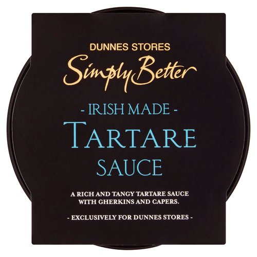 Tartare Sauce with Gherkins and Capers<br/><br/><b>Pack Size</b><br/>150g ℮<br/><br/><br/><b>Ingredients</b><br/>Rapeseed Oil<br/>Water<br/>Pasteurised Irish Free Range <span style='font-weight: bold;'>Egg</span> (9%)<br/>Gherkins (6%) [Gherkins, Water, Vinegar, Sugar, Salt]<br/>Food Starch (Maize, Tapioca)<br/>Lemon Juice from Concentrate (Preservative: Potassium <span style='font-weight: bold;'>Metabisulphite</span>)<br/>Capers (3%) [Capers, Salt, Water]<br/>Dextrose<br/>Spirit Vinegar<br/>Salt<br/>Natural <span style='font-weight: bold;'>Mustard</span> Flavouring<br/>Parsley<br/>Black Pepper<br/><br/><b>Allergy Advice</b><br/>For allergens, see ingredients in <span style='font-weight: bold;'>bold</span><br/><br/><br/><b>Storage Type</b><br/>Chilled<br/><br/><b>Storage and Usage Statements</b><br/>Not Suitable for Home Freezing<br/>Keep Refrigerated<br/><br/><b>Storage</b><br/>Keep refrigerated 0°C to +4°C.<br/>
Consume within 2 weeks of opening and by 'use by' date.<br/>
Not suitable for home freezing.<br/>
For 'use by' date, see side of pot.<br/><br/><b>Storage Conditions</b><br/>Min Temp °C 0<br/>Max Temp °C 4<br/><br/><b>Origin</b><br/>Produced and Packed in Co. Cork<br/><br/><b>Company Name</b><br/>Dunnes Stores / Dunnes Stores (Bangor) Ltd.<br/><br/><b>Company Address</b><br/>Dunnes Stores,<br/>
46-50 South Great George's Street,<br/>
Dublin 2.<br/>
<br/>
Dunnes Stores (Bangor) Ltd.,<br/>
28 Hill Street,<br/>
Newry,<br/>
Co. Down,<br/>
BT34 1AR.<br/><br/><b>Return To</b><br/>Dunnes Stores,<br/>
46-50 South Great George's Street,<br/>
Dublin 2.<br/>
<br/>
Dunnes Stores (Bangor) Ltd.,<br/>
28 Hill Street,<br/>
Newry,<br/>
Co. Down,<br/>
BT34 1AR.<br/>