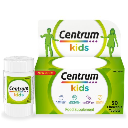 Centrum Kids Multivitamin Tablets 30s<br/><br/><br/><b>Ingredients</b><br/>Sweetener: Xylitol; Magnesium oxide; Ingredients:Calcium salts of orthophosphoric acid (Dicalciumphosphate); L-ascorbic acid; Acidity regulator: E 330;Emulsifiers: E470b, E 570; Anticaking agent: E 551;Ferrous fumarate; Bulking agent: E 460; Palm oil;DL-alpha tocopheryl acetate; Flavouring; Modifiedstarch; Nicotinamide; Zinc oxide; Potassium chloride;Calcium D-pantothenate; Sweetener: E 951; Gelatine;Manganese sulphate; Starch; Thiamine mononitrate;Pyridoxine hydrochloride; Retinyl acetate; Riboflavin;Pteroylmonoglutamic acid; D-biotin; Sodium selenate;Antioxidant: E 321; Phylloquinone; Cholecalciferol;Cyanocobalamin.As we are always looking to improve our products, our formulations change from time to time, so please always check the packaging before use.<br/><br/><b>Lower Age Limit</b><br/>Advisory - Years - 11<br/><br/><b>Number of Units</b><br/>30<br/><br/><b>Safety Warning</b><br/>A healthy lifestyle and a varied and balanced diet are important. This product should not be used as a substitute for a varied diet and healthy lifestyle. If taking other supplements, please read the label as they may contain the same ingredients. Product contains iron which can be harmful to children if taken in large doses. This product is not suitable for pregnant or breastfeeding women. Contains aspartame (a source of phenylalanine). Excessive consumption of xylitol may produce laxative effects. The container inside this pack is sealed for your safety. Do not use if the foil is broken. For best before date, see side of carton. Always replace the lid after use<br/><br/><b>Storage Type</b><br/>Ambient<br/><br/><b>Storage</b><br/>Store out of sight and reach of young children. Store in a cool dry place below 25 °C.<br/><br/><b>Preparation and Usage</b><br/>DIRECTIONS FOR USE: Suck or chew one tablet daily, preferably with food. Do not swallow whole. Do not exceed the daily recommended dose. Do not give to children under 4 years old.<br/><br/><b>Company Name</b><br/>Haleon<br/><br/><b>Company Address</b><br/>Haleon, Building 5, First Floor the Heights Weybridge Surrey KT13 0NY<br/><br/><b>Trademark Information</b><br/>Trademarks are owned by or licensed to the Haleon Group of Companies. All rights reserved.<br/><br/><b>Telephone Helpline</b><br/>UK: 0800 783 8881<br/><br/><b>Web Address</b><br/>https://www.centrum.co.uk/product<br/>
https://www.centrum.ie/products/<br/><br/><b>Return To</b><br/>Haleon, Building 5, First Floor the Heights Weybridge Surrey KT13 0NY<br/>
<br/><br/><style>table {border-collapse:collapse}td {background:#f0f3f7;border: 1px solid gray;border-collapse:collapse;} th {background:lightgray;border: 1px solid gray;border-collapse:collapse;} .sectHead {font-weight:bold;} </style><p><span class=sectHead>Nutrition</span><table><tr><th></th><th>Per tablet</th><th>NRV*</th></tr><tr><td>Vitamin A (µg)</td><td>330 µg</td><td>41%</td></tr><tr><td>Vitamin D (µg)</td><td>3 µg</td><td>60%</td></tr><tr><td>Vitamin C (mg)</td><td>0.5 mg</td><td>36 %</td></tr><tr><td>Thiamin (B1) (mg)</td><td>0.5 mg</td><td>45%</td></tr><tr><td>Riboflavin (B2) (mg)</td><td>0.5 mg</td><td>0.5 mg</td></tr><tr><td>Niacin (mg)</td><td>5 mg</td><td>31%</td></tr><tr><td>Vitamin B6 (mg)</td><td>0.5 mg</td><td>36 %</td></tr><tr><td>Folic Acid (µg)</td><td>200 µg</td><td>100%</td></tr><tr><td>Vitamin B12 (µg)</td><td>1 µg</td><td>40%</td></tr><tr><td>Pantothenic acid (mg)</td><td>2.5 mg</td><td>42%</td></tr><tr><td>Iron (mg)</td><td>4.5 mg</td><td>32%</td></tr><tr><td>Zinc (mg)</td><td>2.8 mg</td><td>28%</td></tr><tr><td>Biotin (µg)</td><td>50µg</td><td>100%</td></tr><tr><td>Manganese (mg)</td><td>0.5 mg</td><td>25%</td></tr><tr><td>Selenium (µg)</td><td>12.5µg</td><td>23%</td></tr></table></p>