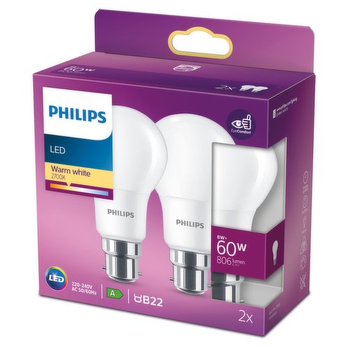 Philips LED Frosted Light Bulb B22 Bayonet Cap 8W (60 Equivalent) Non-Dimmable Warm White 2 Pack