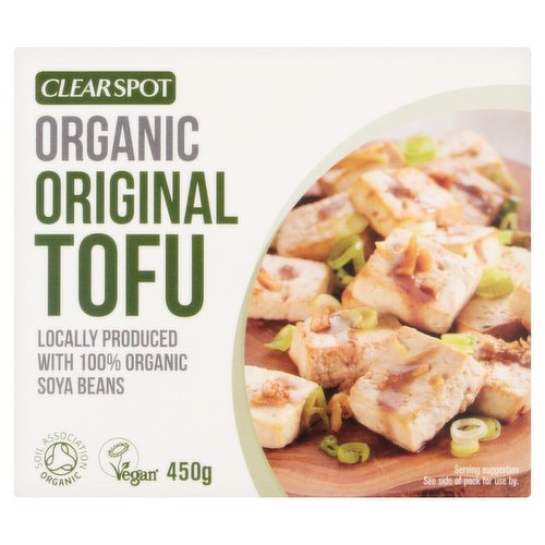 Original Tofu<br/><br/><b>Further Description</b><br/>For exclusive recipes visit: www.clearspottofu.co.uk<br/><br/><b>Features</b><br/>Organic<br/>Locally Produced with 100% Organic Soya Beans<br/>The Complete and Versatile Vegetable Protein Food<br/>Unflavoured<br/>With a Firm Texture<br/>Your Most Versatile Cooking Ingredient<br/>Gluten Free<br/>Suitable for vegans<br/><br/><b>Lifestyle</b><br/>Gluten free<br/>Organic<br/>Suitable for Vegans<br/><br/><b>Pack Size</b><br/>450g ℮<br/><br/><b>Usage Other Text</b><br/>Pack contains approx. 6 servings<br/><br/><b>Usage Count</b><br/>Number of uses - Servings - 6<br/><br/><b>Recycling Info</b><br/>Carton - Widely Recycled<br/>Film - Not Yet Recycled<br/><br/><br/><b>Ingredients</b><br/>Tofu* (Water, <span style='font-weight: bold;'>Soya</span> Beans* (31%), Nigari)<br/>*Denotes Organic ingredients<br/><br/><b>Allergy Advice</b><br/>For allergens see ingredients in <span style='font-weight: bold;'>bold</span>.<br/><br/><br/><b>Storage Type</b><br/>Chilled<br/><br/><b>Storage and Usage Statements</b><br/>Keep Refrigerated<br/><br/><b>Storage</b><br/>See side of pack for use by.<br/>
Keep refrigerated below 5°C. Once opened place in water in an airtight container, use within 48hrs.<br/><br/><b>Storage Conditions</b><br/>Max Temp °C 5<br/><br/><b>Preparation and Usage</b><br/>Can be eaten hot or cold.<br/><br/><b>Company Name</b><br/>The Tofoo Company<br/><br/><b>Company Address</b><br/>4 Rye Close,<br/>
York Road Industrial Estate,<br/>
Malton,<br/>
N. Yorks,<br/>
Y017 6YD.<br/><br/><b>Web Address</b><br/>hello@clearspottofu.co.uk<br/><br/><b>Return To</b><br/>The Tofoo Company,<br/>
4 Rye Close,<br/>
York Road Industrial Estate,<br/>
Malton,<br/>
N. Yorks,<br/>
Y017 6YD.<br/>
Get in touch via hello@clearspottofu.co.uk<br/>