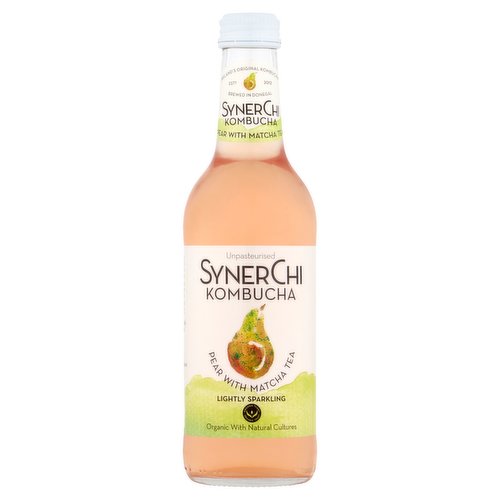 <b>Features</b><br/>Unpasteurised<br/>Organic with natural cultures<br/>Organic Trust<br/>Only 53 kcals per bottle<br/>Naturally free from gluten, dairy and soy<br/>100% Natural ingredients<br/>Traditional fermented, slow aged with a S.C.O.B.Y<br/><br/><b>Lifestyle</b><br/>Gluten free<br/>Organic<br/><br/><b>Pack Size</b><br/>330ml ℮<br/><br/><br/><b>Ingredients</b><br/>Kombucha* (Water (Filtered), Golden Cane Sugar*, Sencha Green Tea* Kombucha Cultures*)<br/>Pear Tisane* (0.6%) (Apple Pieces*, Rosehip Peels*, Hibiscus*, Pineapple Pieces*, Rice Flour*, Pear Slices* (5%), Coconut Chips*, Ginger Pieces*, Natural Flavour, Marigold Petals*)<br/>Matcha Green Tea* (0.1%)<br/>*Certified Organic<br/><br/><b>Storage Type</b><br/>Chilled<br/><br/><b>Storage and Usage Statements</b><br/>Keep Refrigerated<br/><br/><b>Storage</b><br/>Keep refrigerated<br/>
Reseal, refrigerate and consume within 4 days.<br/><br/><b>Preparation and Usage</b><br/>Any sediment is naturally occurring, upend gently if desired.<br/><br/><b>Origin</b><br/>Brewed in Donegal<br/><br/><b>Company Name</b><br/>Synerchi Kombucha<br/><br/><b>Company Address</b><br/>Gweedore,<br/>
Co. Donegal,<br/>
Ireland.<br/><br/><b>Durability after Opening</b><br/>Consume Within - Days - 4<br/><br/><b>Telephone Helpline</b><br/>+353 74 956 0378<br/><br/><b>Web Address</b><br/>www.synerchikombucha.ie<br/><br/><b>Return To</b><br/>Synerchi Kombucha,<br/>
Gweedore,<br/>
Co. Donegal,<br/>
Ireland.<br/>
T +353 74 956 0378<br/>
W www.synerchikombucha.ie<br/>