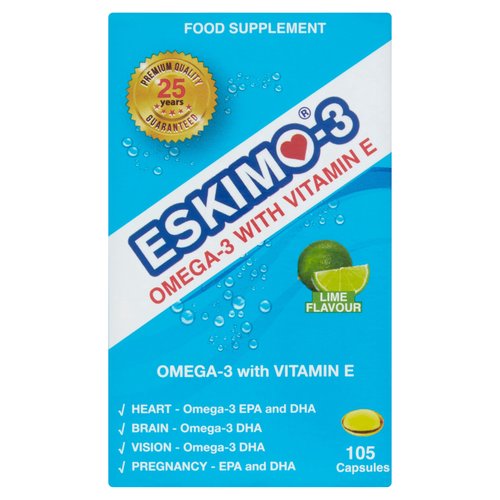 Eskimo-3 Omega-3 with Vitamin E Lime Flavour Food Supplement 105 Capsules