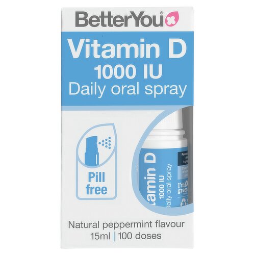 <b>Features</b><br/>Each spray delivers 1000IU (25µg) of vitamin D3 for a maintenance dosage<br/>A convenient alternative to tablets and capsules<br/><br/><b>Lifestyle</b><br/>Suitable for Vegetarians<br/><br/><b>Pack Size</b><br/>15ml ℮<br/><br/><b>Usage Other Text</b><br/>100 daily doses<br/><br/><b>Usage Count</b><br/>Number of uses - Uses - 100<br/><br/><br/><b>Ingredients</b><br/>Water<br/>Xylitol<br/>Acacia Gum<br/>Cholecalciferol (Vitamin D3)<br/>Sunflower Lecithin<br/>Citric Acid<br/>Preservative: Potassium Sorbate<br/>Peppermint Oil<br/><br/><b>Allergy Advice</b><br/>For allergens see ingredients in <span style='font-weight: bold;'>bold</span>.<br/><br/><br/><b>Safety Warning</b><br/>Food supplements should not be used as a substitute for a healthy and balanced diet.<br/>
<br/>
Keep out of children's reach<br/>
Do not exceed recommended dosage<br/><br/><b>Storage Type</b><br/>Ambient<br/><br/><b>Storage</b><br/>Store at room temperature and out of direct sunlight.<br/><br/><b>Preparation and Usage</b><br/>Press the pump 3 times to get the liquid flowing. Shake well before every use. Carefully spray into your mouth or on the inside of your cheek. Replace the cap after use.<br/><br/>Country of Origin - United Kingdom<br/>Packed In - United Kingdom<br/><br/><b>Company Name</b><br/>BetterYou Ltd<br/><br/><b>Company Address</b><br/>Unit 24 Shortwood Court,<br/>
Shortwood Business Park,<br/>
Barnsley,<br/>
S74 9LH.<br/><br/><b>Telephone Helpline</b><br/>01226 814 030<br/><br/><b>Web Address</b><br/>www.betteryou.com<br/><br/><b>Return To</b><br/>BetterYou Ltd,<br/>
Unit 24 Shortwood Court,<br/>
Shortwood Business Park,<br/>
Barnsley,<br/>
S74 9LH.<br/>
Phone: 01226 814 030<br/>
Email: customerservices@betteryou.com<br/>
Website: www.betteryou.com<br/><br/>