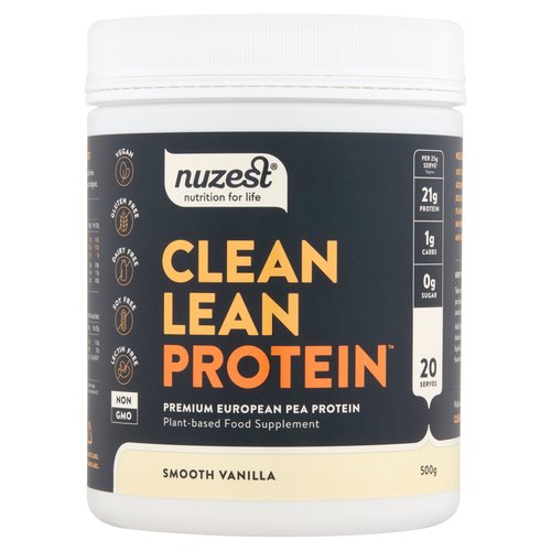 <b>Further Description</b><br/>Visit our website for Clean Lean Protein recipe ideas!<br/><br/><b>Features</b><br/>Nutrition for life<br/>Premium European Pea Protein<br/>Plant-based Food Supplement<br/>9 Essential Amino Acids<br/>Naturally Occurring Amino Acids<br/>Non GMO<br/>Gluten, Dairy, Soy and Lectin Free<br/>Suitable for Vegans<br/><br/><b>Lifestyle</b><br/>Gluten free<br/>Suitable for Vegans<br/><br/><b>Pack Size</b><br/>500g ℮<br/><br/><b>Usage Other Text</b><br/>Servings per pack: 20; Serving size: 25g (2 scoops) in 350mL liquid daily<br/><br/><b>Usage Count</b><br/>Number of uses - Servings - 20<br/><br/><br/><b>Ingredients</b><br/>Pea Protein Isolate<br/>Natural Vanilla Flavour<br/>Sweetener (Steviol Glycosides)<br/><br/><b>Safety Warning</b><br/>All specified values are averages. Do not exceed recommended daily dose. Keep out of reach of young children. Food supplements should not be used as a substitute for a varied and balanced diet.<br/><br/><b>Storage Type</b><br/>Ambient<br/><br/><b>Storage</b><br/>Store in a cool dry place below 25°C.<br/><br/><b>Storage Conditions</b><br/>Max Temp °C 25<br/><br/><b>Preparation and Usage</b><br/>How to Enjoy<br/>
Take one or two servings per day depending on diet and activity level.<br/>
Add 2 scoops (25g) to a shaker containing 350mL liquid (e.g. water or your favourite milk) and shake.<br/>
<br/>
Shake, Blend or Bake<br/>
Shake with water or favourite milk<br/>
Blend into a smoothie with fruit or veg<br/>
Bake into bread or muffins<br/>
<br/>
Protein Per Scoop*<br/>
*Approx.<br/>
1 Scoop = 10g<br/>
2 Scoops = 20g<br/>
3 Scoops = 30g<br/>
<br/>
Try mixing with your Good Green Vitality for a nutrient boost!<br/><br/>Country of Origin - United Kingdom<br/><br/><b>Origin</b><br/>Made in the United Kingdom using EU ingredients<br/><br/><b>Company Name</b><br/>Nuzest Europe<br/><br/><b>Company Address</b><br/>Tower Bridge House,<br/>
St Katherine's Way,<br/>
London,<br/>
E1W 1DD,<br/>
United Kingdom.<br/><br/><b>Web Address</b><br/>www.nuzest.com<br/><br/><b>Return To</b><br/>Nuzest Europe,<br/>
Tower Bridge House,<br/>
St Katherine's Way,<br/>
London,<br/>
E1W 1DD,<br/>
United Kingdom.<br/>
www.nuzest.com<br/>