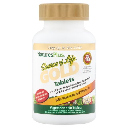 The ultimate Multi-Vitamin Food Supplement with Concentrate whole foods<br/>
<br/><br/><b>Features</b><br/>Step up to the gold!<br/>With vitamin D3 and vitamn K2!<br/>Manufactured in a USA GMP certified facility<br/>Made with vitashine<br/>Gluten free<br/>Free from artificial colours and preservatives<br/>Suitable for vegetarians<br/><br/><b>Lifestyle</b><br/>Gluten free<br/>Suitable for Vegetarians<br/><br/><b>Usage Other Text</b><br/>Serving size 1 tablet; Servings per container 90<br/><br/><b>Usage Count</b><br/>Number of uses - Servings - 90<br/><br/><br/><b>Ingredients</b><br/>Calcium Prechelate (Citrate, Di-Calcium Phosphate, Hydrolysed Rice Protein) (supplying 83 mg Calcium)<br/>Ascorbic Acid<br/>Spirulina<br/>Gelling Agent (Vegetable Cellulose)<br/>D-Alpha Tocopheryl Acid Succinate<br/>Bulking Agent (Microcrystalline Cellulose)<br/>Magnesium Prechelate (Citrate, Oxide, Hydrolysed Rice Protein) (Supplying 42 mg Magnesium)<br/>Calcium Pantothenate<br/>Banana<br/>Carrot<br/>Anti-Caking Agent (Silica)<br/>Blakeslea Trispora<br/>Niacinamide<br/>Spirulina<br/>Natural Colour (E141)<br/>Fructooligosaccharides (FOS)<br/>Zinc Citrate<br/>Coenzyme Q10<br/>Inositol<br/>Pyridoxine Hydrochloride<br/>Anti-Caking Agent (Magnesium Stearate)<br/>Thiamin HCI<br/>Riboflavin<br/>Polygonum Cuspidatum Root<br/>Citrus Spp.,<br/>Ara-Binogalactan<br/>Citrus Pectin<br/>Soluble Vegetable Oligosaccharides<br/>Choline Bitartrate<br/>Korean Ginseng<br/>Amla Fruit<br/>Brassica Nigra (<span style='font-weight: bold;'>Mustard</span>) Seed<br/>Guava<br/>Brown Rice<br/>Apple Pectin<br/>Holy Basil<br/>Lemon<br/>Beet Greens<br/>Cabbage<br/>Parsley<br/>Papaya<br/>Broccoli<br/>Spinach<br/>Pea<br/>Chinese Green Tea Leaf (Decaffeinated)<br/>Turmeric<br/>Korean Ginseng<br/>Green Coffee Bean<br/>Thyme<br/>Ligustrum Berry<br/>Rice Bran<br/>Chlorella<br/>Olive<br/>Cucumber<br/>Juniper Berry<br/>Sage<br/>Konjac Root Fibre<br/>Acacia<br/>Date<br/>Potato<br/>Horseradish<br/>White Tea<br/>Phaseolus Vulgaris Bean<br/>Artichoke<br/>Parsnip<br/>Turnip<br/>Cauliflower<br/>Ginger<br/>Chicory Root<br/>Garlic<br/>Onion<br/>Lemon<br/>Mango<br/>Grapefruit<br/>Apple Cider Vinegar<br/>Pear<br/>Pineapple<br/>Kiwi<br/>Sunflower Seed<br/>Oregano Leaf<br/>Pumpkin<br/>Fennel Seed<br/>Annatto Seed<br/>Clove<br/>Hops<br/>Rosemary<br/>Tangerine<br/>Citrus Pectin<br/>Wood Ear<br/>Bionectria Ochroleuca<br/>Maitake<br/>Oyster Mushroom<br/>Lion's Mane<br/>Mangosteen<br/>Apple<br/>Apricot<br/>Cranberry<br/>Orange<br/>Peach<br/>Red Raspberry<br/>Gooseberry<br/>Strawberry<br/>Tomato<br/>Lycopene<br/>Red Grape<br/>Red Wine Grape (Alcohol Free)<br/>Black Raspberry<br/>Bilberry<br/>Nopal Cactus<br/>Purple Carrot<br/>Fenugreek<br/>Watermelon<br/>Cayenne Pepper<br/>Bamboo<br/>Lemongrass<br/>Marigold Flower<br/>Watercress<br/>Cinnamon<br/>Flax<br/>Guava<br/>Lutein<br/>Shiitake<br/>Icelandic Kelp<br/>Chlorella<br/>Zinc Picolinate<br/>Black Currant<br/>Blueberry<br/>Blackberry<br/>Elderberry<br/>Lingonberry<br/>Agave<br/>Plum<br/>Black Cherry<br/>Purple Fig<br/>Passion Fruit<br/>Kale<br/>Acerola<br/>Beet<br/>Hibiscus<br/>Pomegranate<br/>Açai<br/>Grape Seed Extract<br/>Carob<br/>Prune<br/>Rose Hips<br/>Potassium Iodide<br/>Sodium Selenite<br/>Lycopene<br/>Bladderwrack<br/>Hijiki<br/>Wakame<br/>Nori<br/>Kombu<br/>Manganese Sulphate<br/>Cholecalciferol<br/>Vitamin K2 (Menaguinone-7)<br/>Sodium Borate<br/>Lactobacillus Sporogenes<br/>Octacosanol<br/>Methylcobalamin<br/>Chromium Picolinate<br/>Calcium L-Methylfolate<br/>Ascorbyl Palmitate<br/>Lactobacillus Acidophilus<br/>Bifidobacterium Brevis<br/>Bifidobacterium Lactis<br/>Bifidobacterium Bifidum<br/>Fucaceae<br/>Laminaria Digitata<br/>Irish Moss<br/>Red Seaweed<br/>Dulse<br/>Anti-Caking Agent (Stearic Acid)<br/>Dunaliella Salina<br/>Glazing Agent (E904)<br/><br/><b>Number of Units</b><br/>90<br/><br/><b>Safety Warning</b><br/>This product is not a substitute for a varied and balanced diet and a healthy lifestyle, which are important for health. KEEP OUT OF SIGHT AND REACH OF CHILDREN.<br/><br/><b>Storage Type</b><br/>Ambient<br/><br/><b>Storage</b><br/>Keep Tightly Closed in a Cool, Dry Place.<br/>
See Bottom of Bottle for Best Before End Date.<br/><br/><b>Preparation and Usage</b><br/>Directions for Use: As a food supplement for adult, one tablet daily. Do not exceed recommended serving.<br/><br/><b>Company Name</b><br/>Natures Plus UK<br/><br/><b>Company Address</b><br/>Tower Bridge Business Complex,<br/>
100 Drummond Rd.,<br/>
London,<br/>
SE16 4DG,<br/>
UK.<br/><br/><b>Web Address</b><br/>www.naturesplus.co.uk<br/><br/><b>Return To</b><br/>Natures Plus UK,<br/>
Tower Bridge Business Complex,<br/>
100 Drummond Rd.,<br/>
London,<br/>
SE16 4DG,<br/>
UK.<br/>
www.naturesplus.co.uk<br/>