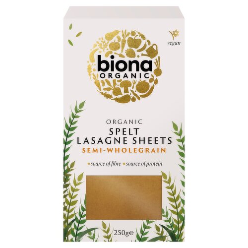 Organic Spelt Lasagne Sheets<br/><br/><b>Nutritional Claims</b><br/>Source of fibre<br/>Source of protein<br/><br/><b>Features</b><br/>Organic<br/>Source of fibre<br/>Source of protein<br/>Suitable for vegans<br/><br/><b>Lifestyle</b><br/>Organic<br/>Suitable for Vegans<br/><br/><b>Pack Size</b><br/>250g ℮<br/><br/><br/><b>Ingredients</b><br/>Spelt <span style='font-weight: bold;'>Wheat</span> Flour*<br/>Water<br/>*= Certified Organic ingredients<br/><br/><b>Allergy Advice</b><br/>For allergens, including Cereals containing <span style='font-weight: bold;'>Gluten</span>, see ingredients in <span style='font-weight: bold;'>bold</span>.<br/><br/><br/><b>Allergy Text</b><br/>Not suitable for <span style='font-weight: bold;'>Soya</span> or <span style='font-weight: bold;'>Mustard</span> allergy sufferers due to manufacturing methods.<br/><br/><br/><b>Storage Type</b><br/>Ambient<br/><br/><b>Storage</b><br/>Best before end: see stamp<br/><br/><b>Preparation and Usage</b><br/>Baking time: At 180°C approx. 40 - 45 minutes.<br/>
No pre-cooking required.<br/><br/>Country of Origin - Italy<br/><br/><b>Company Name</b><br/>Biona<br/><br/><b>Company Address</b><br/>6a Lower Teddington Rd,<br/>
Kingston,<br/>
KT1 4ER,<br/>
UK.<br/><br/><b>Web Address</b><br/>www.biona.co.uk<br/><br/><b>Return To</b><br/>Biona,<br/>
6a Lower Teddington Rd,<br/>
Kingston,<br/>
KT1 4ER,<br/>
UK.<br/>
www.biona.co.uk<br/>