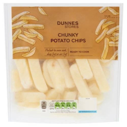 Cut and Peeled Potato Chips<br/><br/><b>Features</b><br/>Ready to Cook<br/>35 Minutes Oven<br/>Suitable for Vegetarians<br/><br/><b>Lifestyle</b><br/>Suitable for Vegetarians<br/><br/><b>Pack Size</b><br/>500g ℮<br/><br/><b>Usage Other Text</b><br/>Number of Servings Per Pack: 2<br/><br/><b>Usage Count</b><br/>Number of uses - Servings - 2<br/><br/><b>Recycling Info</b><br/>Film - Plastic - Widely Recycled<br/><br/><br/><b>Ingredients</b><br/>Potato<br/>Antioxidant: Sodium <span style='font-weight: bold;'>Metabisulphite</span><br/><br/><b>Allergy Advice</b><br/>For allergens, see ingredients in bold.<br/><br/><br/><b>Storage Type</b><br/>Chilled<br/><br/><b>Storage and Usage Statements</b><br/>Not Suitable for Home Freezing<br/>Cannot be Microwaved<br/>Keep Refrigerated<br/><br/><b>Storage</b><br/>Keep refrigerated 0°C to +4°C.<br/>
- Consume within 24 hours of opening and by 'use by' date.<br/>
- For 'use by' date, see front of pack.<br/>
- Not suitable for home freezing.<br/><br/><b>Storage Conditions</b><br/>Min Temp °C 0<br/>Max Temp °C 4<br/><br/><b>Cooking Guidelines</b><br/>Air Fry - From Chilled - As all devices differ, please cook according to instructions for your own fryer.<br/>Cooking Instructions - General - Cooking times will vary with appliances, the following are guidelines only. Not suitable for microwave cooking. Remove all packaging.<br/>
Always check the product is piping hot throughout before serving. Do not reheat once cooked.<br/>Deep Fry - From Chilled - 190°C, 10 mins.<br/>
Deep fry: Preheat oil to the required temperature as shown above. Tear the pack where marked and empty the chips into the basket. Fry for time indicated above or until golden on the outside. Dry on kitchen paper and serve.<br/>Oven cook - From Chilled - 220°C, Fan 200°C, Gas 7, 30-35 mins.<br/>
Preheat oven to required temperature shown above. Tear pack where marked, empty the chips onto a baking tray, then toss in 2 tablespoons of oil (along with spices or seasonings if desired) and spread evenly. Place tray on the middle shelf of the oven and cook for time indicated or until golden, turning occasionally throughout cooking.<br/><br/>Packed In - Northern Ireland<br/><br/><b>Company Name</b><br/>Dunnes Stores<br/><br/><b>Company Address</b><br/>46-50 South Great George's Street,<br/>
Dublin 2.<br/>
<br/>
Store 3,<br/>
Forestside S.C.,<br/>
Upr. Galwally Rd.,<br/>
Belfast, <br/>
BT8 6FX.<br/><br/><b>Durability after Opening</b><br/>Consume Within - Hours - 24<br/><br/><b>Return To</b><br/>Quality Guarantee<br/>
If you are not satisfied with this product please return to store and we will be happy to replace or refund it for you.<br/>
This does not affect your statutory rights.<br/>
Dunnes Stores,<br/>
46-50 South Great George's Street,<br/>
Dublin 2.<br/>
<br/>
Dunnes Stores,<br/>
Store 3,<br/>
Forestside S.C.,<br/>
Upr. Galwally Rd.,<br/>
Belfast, <br/>
BT8 6FX.<br/>