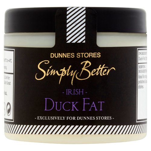 Irish Duck Fat<br/><br/><b>Pack Size</b><br/>200g ℮<br/><br/><br/><b>Ingredients</b><br/>Duck Fat (100%)<br/><br/><b>Storage Type</b><br/>Chilled<br/><br/><b>Storage and Usage Statements</b><br/>Not Suitable for Home Freezing<br/>Keep Refrigerated<br/><br/><b>Storage</b><br/>Keep refrigerated at 0°C to +4°C.<br/><br/><b>Storage Conditions</b><br/>Min Temp °C 0<br/>Max Temp °C 4<br/><br/><b>Preparation and Usage</b><br/>Serving Suggestion<br/>
Ideal for crispy roast potatoes & poultry dishes.<br/><br/><b>Origin</b><br/>Produced and packed in Co. Cork<br/><br/><b>Company Name</b><br/>Dunnes Stores / Dunnes Stores (Bangor) Ltd.<br/><br/><b>Company Address</b><br/>Dunnes Stores,<br/>
46-50 South Great George's Street,<br/>
Dublin 2.<br/>
<br/>
Dunnes Stores (Bangor) Ltd.,<br/>
28 Hill Street,<br/>
Newry,<br/>
Co. Down,<br/>
BT34 1AR.<br/><br/><b>Return To</b><br/>Dunnes Stores,<br/>
46-50 South Great George's Street,<br/>
Dublin 2.<br/>
<br/>
Dunnes Stores (Bangor) Ltd.,<br/>
28 Hill Street,<br/>
Newry,<br/>
Co. Down,<br/>
BT34 1AR.<br/>