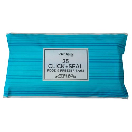 <b>Features</b><br/>Double Seal<br/><br/><b>Number of Units</b><br/>25<br/><br/><b>Safety Warning</b><br/>CAUTION<br/>
- To avoid the danger of suffocation, please keep bags away from babies and small children.<br/>
- Allow hot food to cool fully before storing in bag.<br/>
- Not suitable for reheating or cooking in a conventional or microwave oven.<br/>
- When a microwave oven is used for defrosting, always refer to the manufacturer's handbook for instructions.<br/>
- Suitable for use in fridge, freezer or microwave (defrosting only).<br/>
- Ensure that food is completely thawed before reheating or cooking.<br/>
- After emptying the bag, check that no plastic has stuck to the contents.<br/>
- To prevent bags from splitting when freezing, do not overfill.<br/><br/><b>Storage Type</b><br/>Ambient<br/><br/><b>Storage</b><br/>- Store in a dry place.<br/><br/><b>Preparation and Usage</b><br/>Directions for Use<br/>
- To open, simply pull the two edges apart.<br/>
- To close, press seals firmly together and run fingers along seal to lock.<br/>
- When using in freezer, expel air before closing.<br/>
- Allow hot food to cool fully before storing in bag.<br/>
- Secure closure helps keep food fresh.<br/>
- Use date and contents panel to label bags for ease of identification.<br/><br/>Country of Origin - Thailand<br/><br/><b>Origin</b><br/>Specially produced in Thailand<br/><br/><b>Company Name</b><br/>Dunnes Stores<br/><br/><b>Company Address</b><br/>46-50 South Great George's Street,<br/>
Dublin 2.<br/>
<br/>
Store 3,<br/>
Forestside S.C.,<br/>
Upr. Galwally Rd.,<br/>
Belfast,<br/>
BT8 6FX.<br/><br/><b>A.I.S.E. Warnings</b><br/>Keep away from children<br/><br/><b>Return To</b><br/>Dunnes Stores,<br/>
46-50 South Great George's Street,<br/>
Dublin 2.<br/>
<br/>
Dunnes Stores,<br/>
Store 3,<br/>
Forestside S.C.,<br/>
Upr. Galwally Rd.,<br/>
Belfast,<br/>
BT8 6FX.<br/><br/>