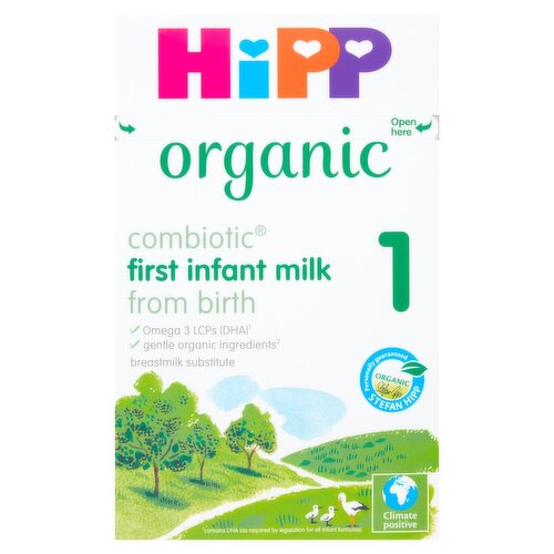 Organic first infant milk<br/><br/><b>Further Description</b><br/>A nutritionally complete, whey based, infant milk made from gentle organic ingredients (gentle because no pesticides are used in the pastures where our cows graze), suitable if baby is not being breastfed, or to complement breastfeeding.<br/><br/><b>Features</b><br/>Made using premium, quality organic ingredients<br/>Contains Omega 3 LCPs (DHA, as required by the legislation for all infant formulas)<br/>Lactose only<br/>Recyclable box<br/><br/><b>Lifestyle</b><br/>Organic<br/><br/><b>Pack Size</b><br/>800g ℮<br/><br/><b>Recycling Info</b><br/>Bag - Don't Recycle<br/>Box - Recycle<br/><br/><br/><b>Ingredients</b><br/>Organic Skimmed <span style='font-weight: bold;'>Milk</span><br/>Organic <span style='font-weight: bold;'>Whey</span> Product<br/>Organic Vegetable Oils (Organic Palm Oil*, Organic Rapeseed Oil, Organic Sunflower Oil)<br/>Organic <span style='font-weight: bold;'>Lactose</span><br/>Organic Galacto-Oligosaccharides from Organic <span style='font-weight: bold;'>Lactose</span><br/><span style='font-weight: bold;'>Fish</span> Oil¹<br/>Potassium Chloride<br/>Mortierella Alpina-Oil<br/>Choline<br/>Sodium Citrate<br/>L-Phenylalanine<br/>Calcium Salts of Orthophosphoric Acid<br/>L-Tryptophan<br/>Magnesium Carbonate<br/>Calcium Carbonate<br/>L-Histidine<br/>Zinc Sulphate<br/>Ferrous Sulphate<br/>Vitamin C<br/>Vitamin E<br/>Niacin<br/>Pantothenic Acid<br/>Cupric Sulphate<br/>Vitamin A<br/>Vitamin B₁<br/>Potassium Iodate<br/>Vitamin B₆<br/>Folic Acid<br/>Sodium Selenite<br/>Vitamin K<br/>Manganese Sulphate<br/>Vitamin D<br/>D-Biotin<br/>Vitamin B₁₂<br/>* From sustainable organic production, certified by independent authorities<br/>₁ Contains DHA sourced sustainably<br/><br/><b>Allergy Advice</b><br/>Allergy advice See ingredients shown in <span style='font-weight: bold;'>bold</span>.<br/><br/><br/><b>Safety Warning</b><br/>This product left our factory in a faultless condition. Please ensure that the inner foil bags are undamaged before use.<br/>
<br/>
Important notice<br/>
Breastfeeding is best for babies. Infant milk is suitable from birth when babies are not being breastfed. It is recommended that HiPP organic first infant milk is only used on the advice of a doctor, midwife, health visitor, public health nurse, dietitian or pharmacist.<br/><br/><b>Storage Type</b><br/>Ambient<br/><br/><b>Storage</b><br/>Best before end see base of pack<br/>
Store in a cool dry place - do not refrigerate. Use sachet within 3 weeks of opening.<br/><br/><b>Preparation and Usage</b><br/>Preparing the feed<br/>
Please follow preparation and feeding instructions carefully; failure to do so may make your baby ill, as powdered milks are not sterile.<br/>
1 Wash hands and sterilise all equipment following the manufacturers' instructions<br/>
2 Boil 1 litre of freshly run water and leave to cool for no longer than 30 minutes. Do not use artificially softened or repeatedly boiled water.<br/>
3 Measure the required amount of water into a sterilised bottle (referring to the feeding guide).<br/>
4 Using the scoop provided, add the correct number of scoops of powder - 1 level scoop of powder to each fluid ounce of water (approx. 30ml). Level off the powder using the scoop leveller. Do not press the powder.<br/>
5 Place the sterilised teat and cap on the bottle and shake well until all the powder has dissolved (approx. 15 seconds).<br/>
6 Cool to drinking temperature (approx. 37°C) by holding the bottle under cold running water, and feed immediately. Always test the temperature of the milk before feeding.<br/>
<br/>
Feeding guide (1 scoop = approx. 4.3g powder)<br/>
Approx. age of baby: 0 - 2 weeks; Weight of baby: 3.3kg, 7.3lbs; Number of level scoops of powder per feed: 2; Amount of cooled boiled water per feed: 2fl oz, 60ml; Number of milk feeds per 24 hours: 7 - 8<br/>
Approx. age of baby: 3 - 4 weeks; Weight of baby: 3.8kg, 8.4lbs; Number of level scoops of powder per feed: 3; Amount of cooled boiled water per feed: 3fl oz, 90ml; Number of milk feeds per 24 hours: 5 - 7<br/>
Approx. age of baby: 5 - 8 weeks; Weight of baby: 4.6kg, 10.1lbs; Number of level scoops of powder per feed: 4; Amount of cooled boiled water per feed: 4fl oz, 120ml; Number of milk feeds per 24 hours: 5-6<br/>
Approx. age of baby: 2 - 4 months; Weight of baby: 5.35 - 6.7kg, 11.8 - 14.7lbs; Number of level scoops of powder per feed: 5; Amount of cooled boiled water per feed: 5fl oz, 150ml; Number of milk feeds per 24 hours: 5<br/>
Approx. age of baby: 5 months; Weight of baby: 7.2kg, 15.9lbs; Number of level scoops of powder per feed: 6; Amount of cooled boiled water per feed: 6fl oz, 180ml; Number of milk feeds per 24 hours: 4-5<br/>
Approx. age of baby: about 6 months; Weight of baby: 7.6kg, 16.8lbs; Number of level scoops of powder per feed: 7; Amount of cooled boiled water per feed: 7fl oz, 210ml; Number of milk feeds per 24 hours: 4<br/>
Approx. age of baby: 7 - 9 months; Number of level scoops of powder per feed: 5; Amount of cooled boiled water per feed: 5fl oz, 150ml; Number of milk feeds per 24 hours: 4<br/>
Approx. age of baby: 10 - 12 months; Number of level scoops of powder per feed: 4; Amount of cooled boiled water per feed: 4fl oz, 120ml; Number of milk feeds per 24 hours: 3<br/>
This table is a guide only; your baby should be fed on demand, particularly in the first few weeks, and may need more or less than the volumes stated. If you need more advice, please contact your healthcare professional.<br/>
<br/>
Feeding information<br/>
- Only use the scoop provided in the pack.<br/>
- Do not make feeds weaker or stronger than indicated by adding extra water/scoops, and do not add anything else to milk feeds.<br/>
- For hygiene reasons, always freshly prepare feeds and do not prepare in advance.<br/>
- Use made-up feeds immediately, and discard anything left over at the end of the feed. <br/>
- Do not heat feeds in a microwave - hot spots may occur which could cause scalding.<br/>
- A responsible person should be with your baby during feeding.<br/>
- Please clean your baby's teeth regularly when they appear.<br/>
- Introduce a cup or beaker as soon as possible to prevent prolonged/frequent contact of teeth with milk feeds which may increase the risk of tooth decay.<br/><br/><b>Company Name</b><br/>HiPP UK Limited<br/><br/><b>Company Address</b><br/>Hurst Grove,<br/>
Sandford Lane,<br/>
Hurst,<br/>
Reading,<br/>
RG10 0SQ.<br/><br/><b>Durability after Opening</b><br/>Consume Within - Weeks - 3<br/><br/><b>Telephone Helpline</b><br/>0800 298 4477<br/><br/><b>Web Address</b><br/>hipp.co.uk<br/><br/><b>Return To</b><br/>Contact us<br/>
HiPP UK Limited,<br/>
Hurst Grove,<br/>
Sandford Lane,<br/>
Hurst,<br/>
Reading,<br/>
RG10 0SQ.<br/>
0800 298 4477<br/>
hipp.co.uk<br/>
hello@hipp.co.uk<br/>