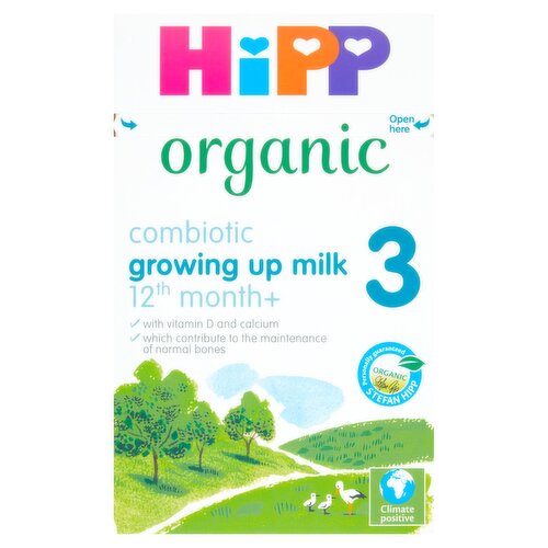 Organic follow on milk from the 12th month onwards<br/><br/><b>Further Description</b><br/>Our great quality, organic growing up milks have been nutritionally tailored for little tummies* by our team of infant nutrition experts, using over 55 years of breastmilk research. *as required by law. Did you know that your toddler needs seven times more vitamin D¹ than you do? That's why these important nutrients are in our growing up milk: to help support your toddler's diet. ¹EFSA 2013, per kg of body weight (men 80kg, toddlers 12kg).<br/><br/><b>Features</b><br/>Made using premium, quality organic ingredients<br/>Contains vitamin D and calcium which contribute to the maintenance of normal bones<br/>Climate Positive Production<br/>Recyclable box<br/><br/><b>Lifestyle</b><br/>Organic<br/><br/><b>Pack Size</b><br/>600g ℮<br/><br/><b>Recycling Info</b><br/>Bag - Don't Recycle<br/>Box - Recycle<br/><br/><br/><b>Ingredients</b><br/>Skimmed <span style='font-weight: bold;'>Milk</span>*<br/><span style='font-weight: bold;'>Lactose</span>*<br/>Vegetable Oils* (Palm Oil*, Rapeseed Oil*, Sunflower Oil*)<br/>Galacto-Oligosaccharides* from <span style='font-weight: bold;'>Lactose</span>*<br/><span style='font-weight: bold;'>Fish</span> Oil¹<br/>Potassium Citrate<br/>Calcium Carbonate<br/>Potassium Chloride<br/>Calcium Salts of Orthophosphoric Acid<br/>Magnesium Carbonate<br/>Sodium Citrate<br/>L-Tryptophan<br/>Ferrous Sulphate<br/>Vitamin C<br/>Vitamin E<br/>Zinc Sulphate<br/>Niacin<br/>Pantothenic Acid<br/>Cupric Sulphate<br/>Vitamin A<br/>Vitamin B₁<br/>Vitamin B₆<br/>Potassium Iodate<br/>Folic Acid<br/>Sodium Selenite<br/>D-Biotin<br/>Vitamin D<br/>Manganese Sulphate<br/>Vitamin K<br/>Vitamin B₁₂<br/>*From organic production<br/>¹ Contains DHA sourced sustainably<br/><br/><b>Allergy Advice</b><br/>Allergy advice See ingredients shown in <span style='font-weight: bold;'>bold</span>.<br/><br/><br/><b>Safety Warning</b><br/>Important notice<br/>
Breastfeeding is best for babies. HiPP Organic growing up milk is intended for use from the 12th month onwards as part of a mixed diet and should not be used as a breastmilk substitute.<br/>
<br/>
This product left our factory in a faultless condition. Please ensure that the inner foil bags are undamaged before use.<br/><br/><b>Storage Type</b><br/>Ambient<br/><br/><b>Storage</b><br/>Best before end see base of pack<br/>
Store in a cool dry place - do not refrigerate. Use sachet within 3 weeks of opening.<br/><br/><b>Preparation and Usage</b><br/>Preparing the feed<br/>
Please follow preparation and feeding instructions carefully; failure to do so may make your baby ill, as powdered milks are not sterile.<br/>
1 Wash hands and sterilise all equipment following the manufacturers' instructions <br/>
2 Boil 1 litre of freshly run water and leave to cool for no longer than 30 minutes. Do not use artificially softened or repeatedly boiled water.<br/>
3 Measure the required amount of water into a sterilised bottle (referring to the feeding guide). Note: this formula mixes better if prepared in a bottle The milk can be transferred from the bottle to a beaker after mixing.<br/>
4 Using the scoop provided, add the correct number of scoops of powder - 1 level scoop of powder to each fluid ounce of water (approx. 30ml). Level off the powder using the scoop leveller. Do not press the powder.<br/>
5 Place the sterilised teat and cap on the bottle and shake well until all the powder has dissolved (approx. 15 seconds).<br/>
6 Cool to drinking temperature (approx. 37°C) by holding the bottle under cold running water. Transfer the milk to a beaker if required, and feed immediately. Always test the temperature of the milk before feeding. <br/>
<br/>
Feeding guide (1 scoop = approx. 4g powder)<br/>
Amount of cooled, boiled water per feed: 4fl oz, 120ml; Number of level scoops of powder per feed: 4 scoops<br/>
Amount of cooled, boiled water per feed: 5fl oz, 150ml; Number of level scoops of powder per feed: 5 scoops<br/>
<br/>
Babies from the 12th month onwards need about 350ml of HiPP Organic growing up milk per day, either as a drink, on cereals or added to their foods. This is only a guide and your toddler may need more or less than this. If you require more advice, please consult your health professional.<br/>
<br/>
Feeding information<br/>
- Only use the scoop provided in the pack.<br/>
- Do not make feeds weaker or stronger than indicated by adding extra water/scoops, and do not add anything else to milk feeds.<br/>
- For hygiene reasons, always freshly prepare feeds and do not prepare in advance.<br/>
- Use made-up feeds immediately, and discard anything left over at the end of the feed.<br/>
- Do not heat feeds in a microwave - hot spots may occur which could cause scalding.<br/>
- Please clean your toddler's teeth regularly when they appear.<br/>
- Introduce a cup or beaker as soon as possible to prevent prolonged /frequent contact of teeth with milk feeds which may increase the risk of tooth decay. Ask your health professional or dentist for advice.<br/>
- A responsible person should be with your toddler during feeding.<br/><br/>Country of Origin - Germany<br/><br/><b>Company Name</b><br/>Hipp UK Limited<br/><br/><b>Company Address</b><br/>Hurst Grove,<br/>
Sandford Lane,<br/>
Hurst,<br/>
Reading,<br/>
RG10 0SQ.<br/><br/><b>Durability after Opening</b><br/>Consume Within - Weeks - 3<br/><br/><b>Telephone Helpline</b><br/>0800 298 4477<br/><br/><b>Web Address</b><br/>hipp.co.uk<br/><br/><b>Return To</b><br/>Hipp UK Limited,<br/>
Hurst Grove,<br/>
Sandford Lane,<br/>
Hurst,<br/>
Reading,<br/>
RG10 0SQ.<br/>
0800 298 4477<br/>
hipp.co.uk<br/>
hello@hipp.co.uk<br/>