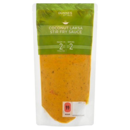 Stir Fry Sauce with Coconut Milk, Spices and Lemongrass<br/><br/><b>Features</b><br/>Chilli rating - Medium - 2<br/>Ready in 2 Minutes<br/>Suitable for Vegetarians<br/><br/><b>Lifestyle</b><br/>Suitable for Vegetarians<br/><br/><b>Pack Size</b><br/>180g ℮<br/><br/><b>Recycling Info</b><br/>Bag - Plastic - Not Currently Recycled<br/><br/><br/><b>Ingredients</b><br/>Coconut Milk (40%) [Coconut Extract, Water]<br/>Water<br/>Onion<br/>Rapeseed Oil<br/>Red Peppers<br/>Spices (3%) [Coriander, Turmeric, Cumin, Chilli Powder, Fenugreek, Ginger Powder, Cayenne Pepper]<br/>Concentrated Pineapple Juice<br/>Maize Starch<br/>Mango Purée<br/>Garlic<br/>Rice Wine Vinegar<br/>Sugar<br/>Lemongrass (2%)<br/>Galangal<br/>Salt<br/>Coriander Leaf<br/>Red Chillies<br/>Acidity Regulator: Citric Acid<br/><span style='font-weight: bold;'>Mustard</span> Flour<br/><br/><b>Allergy Advice</b><br/>For allergens, see ingredients in bold.<br/><br/><br/><b>Storage Type</b><br/>Chilled<br/><br/><b>Storage and Usage Statements</b><br/>Suitable for Home Freezing<br/>Keep Refrigerated<br/><br/><b>Storage</b><br/>Keep Refrigerated 0°C to +4°C.<br/>
- Consume within 24 hours of opening and by 'use by' date.<br/>
- For 'use by' date, see front of pack.<br/>
- Suitable for home freezing.<br/>
- If freezing, freeze on the day of purchase and consume within 1 month.<br/>
- Defrost thoroughly in refrigerator before cooking and use with 24 hours.<br/>
- Once thawed do not refreeze.<br/><br/><b>Storage Conditions</b><br/>Min Temp °C 0<br/>Max Temp °C 4<br/><br/><b>Cooking Guidelines</b><br/>Cooking Instructions - General - Cooking times will vary with appliances, the following are guidelines only. Remove all packaging.<br/>
Ensure product is piping hot throughout. Take care as product will be very hot.<br/>
Do not reheat.<br/>Microwave - From Chilled - 800W 2 mins.<br/>
900W 1 1/2 mins.<br/>
Empty contents into a microwave bowl. Place onto a microwave plate and cook for times indicated. Stir half way through cooking. Stir before serving.<br/>Stir Fry - From Chilled - Our Meal Suggestion<br/>
- In a preheated wok, if adding meat or seafood, stir fry until lightly browned.<br/>
- Add vegetables and stir fry both for time indicated on pack.<br/>
- Add stir fry sauce just before the end of cooking and serve over rice or noodles.<br/>
- Ensure protein and vegetables are fully cooked before serving.<br/><br/><b>Origin</b><br/>Packed in Co. Cork<br/><br/><b>Company Name</b><br/>Dunnes Stores<br/><br/><b>Company Address</b><br/>46-50 South Great George's Street,<br/>
Dublin 2.<br/>
<br/>
Store 3,<br/>
Forestside S.C.,<br/>
Upr. Galwally Rd.,<br/>
Belfast,<br/>
BT8 6FX.<br/><br/><b>Return To</b><br/>Quality Guarantee<br/>
If you are not satisfied with this product please return to store and we will be happy to replace or refund it for you. This does not affect your statutory rights.<br/>
Dunnes Stores,<br/>
46-50 South Great George's Street,<br/>
Dublin 2.<br/>
<br/>
Dunnes Stores,<br/>
Store 3,<br/>
Forestside S.C.,<br/>
Upr. Galwally Rd.,<br/>
Belfast,<br/>
BT8 6FX.<br/>