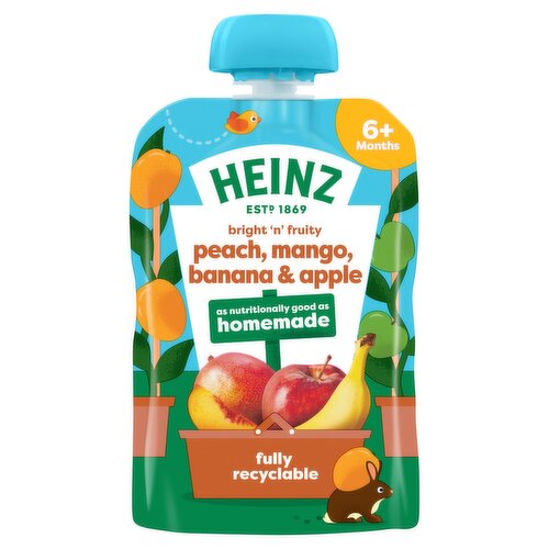 A smooth blend of apple, peach, mango & banana with added vitamin C.<br/><br/><b>Further Description</b><br/>Simply made with love and nothing else added, we select the tastiest ingredients from nature for your little one!<br/>
Heinz by Nature.<br/>
<br/>
Use as part of a varied weaning diet.<br/>
<br/>
Check out our yummy baby food at HeinzBaby.co.uk<br/><br/><b>Nutritional Claims</b><br/>No added sugar<br/><br/><b>Features</b><br/>100% natural ingredients + vitamin c<br/>1 of your baby's 5 a day<br/>Gluten free<br/>Suitable for vegetarians<br/><br/><b>Lifestyle</b><br/>Gluten free<br/>No Added Sugar<br/>Suitable for Vegetarians<br/><br/><b>Pack Size</b><br/>100g ℮<br/><br/><b>Usage Other Text</b><br/>1 pouch = 1 serving<br/><br/><b>Usage Count</b><br/>Number of uses - Servings - 1<br/><br/><b>Recycling Info</b><br/>Pouch - Plastic - Not Currently Recycled<br/><br/><br/><b>Ingredients</b><br/>Fruit (100%, Apple (50%), Peach (25%), Mango (15%), Banana (10%), Concentrated Lemon Juice)<br/>Vitamin C<br/><br/><b>Lower Age Limit</b><br/>Advisory - Months - 4<br/><br/><b>Storage Type</b><br/>Ambient<br/><br/><b>Storage and Usage Statements</b><br/>Cannot be Microwaved<br/><br/><b>Storage</b><br/>Once opened, refrigerate and use within 24 hours.<br/><br/><b>Preparation and Usage</b><br/>Easy prep: Keep Cap Out of Baby's Reach. Squeeze contents into a bowl or straight onto spoon. Never microwave the pouch.<br/><br/>Country of Origin - Produce of the EU<br/><br/><b>Origin</b><br/>Made in the EU<br/><br/><b>Company Name</b><br/>H.J. Heinz Foods UK Ltd.<br/><br/><b>Company Address</b><br/>London,<br/>
SE1 9SG.<br/><br/><b>Telephone Helpline</b><br/>0800 212991<br/>ROI 1800 995311<br/><br/><b>Web Address</b><br/>heinzbaby.co.uk<br/><br/><b>Return To</b><br/>H.J. Heinz Foods UK Ltd.,<br/>
London,<br/>
SE1 9SG.<br/>
Phone 0800 212991 (ROI 1800 995311)<br/>
Or visit heinzbaby.co.uk<br/>