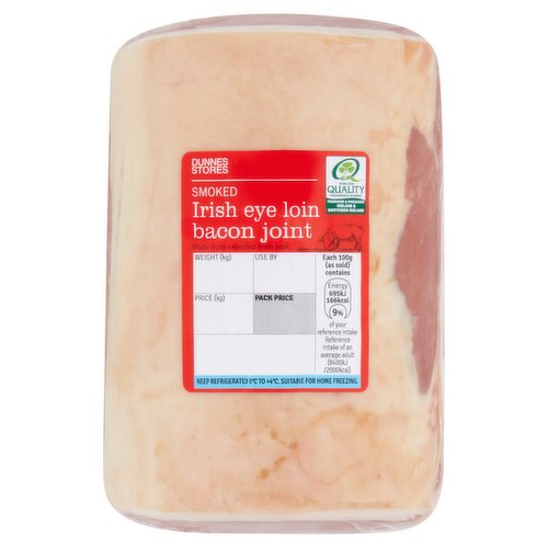 Smoked Irish Eye Loin Bacon Joint with Added Water<br/><br/><b>Features</b><br/>Made from selected Irish pork<br/><br/><br/><b>Ingredients</b><br/>Irish Pork (87%)<br/>Water<br/>Salt<br/>Preservative: Sodium Nitrite<br/><br/><b>Storage Type</b><br/>Chilled<br/><br/><b>Storage and Usage Statements</b><br/>Suitable for Home Freezing<br/>Cannot be Microwaved<br/>Keep Refrigerated<br/><br/><b>Storage</b><br/>Keep Refrigerated 0°C to +4°C.<br/>
- Consume within 24 hours of opening and by 'use by' date.<br/>
- For 'use by' date and weight, see front of pack.<br/>
- Suitable for home freezing.<br/>
- If freezing, freeze on the day of purchase and consume within 1 month.<br/>
- Defrost thoroughly in refrigerator before cooking and use within 24 hours.<br/>
- Once thawed do not refreeze.<br/><br/><b>Storage Conditions</b><br/>Min Temp °C 0<br/>Max Temp °C 4<br/><br/><b>Cooking Guidelines</b><br/>Oven cook - From Chilled - Raw meat products may contain bacteria that could potentially cause illness if mishandled or cooked incorrectly. Keep raw and cooked products separate. Cooking times will vary with appliances, the following are guidelines only. Not suitable for microwave cooking. Remove all packaging.<br/>
190°C/375F/Gas Mark 5<br/>
Fan Assisted Oven 170°C<br/>
30 mins. Per 500g plus 30 mins. Extra<br/>
- Preheat oven to required temperature shown above.<br/>
- Place joint on a baking tray and cover loosely within foil.<br/>
- Place joint on the middle shelf of the oven and cook for time indicated, removing the tin foil for the last 30 minutes of cooking.<br/>
Allow the joint to rest for 10 minutes before carving. Always check the product is piping hot throughout before serving.<br/>
Do not reheat once cooked.<br/><br/>Country of Origin - Northern Ireland<br/>Packed In - Northern Ireland<br/><br/><b>Origin</b><br/>Produced and packed in Co. Tyrone, Northern Ireland<br/><br/><b>Company Name</b><br/>Dunnes Stores<br/><br/><b>Company Address</b><br/>46-50 South Great George's Street,<br/>
Dublin 2.<br/>
<br/>
Store 3,<br/>
Forestside S.C,<br/>
Upr Galwally Rd,<br/>
Belfast,<br/>
BT8 6FX.<br/><br/><b>Return To</b><br/>Dunnes Stores,<br/>
46-50 South Great George's Street,<br/>
Dublin 2.<br/>
<br/>
Dunnes Stores,<br/>
Store 3,<br/>
Forestside S.C,<br/>
Upr Galwally Rd,<br/>
Belfast,<br/>
BT86FX.<br/>