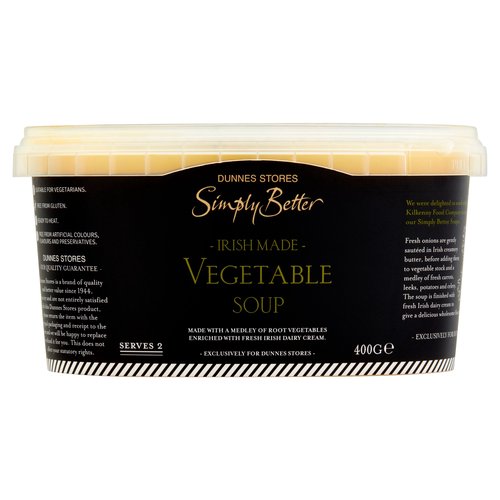 Irish Made Vegetable Soup<br/><br/><b>Features</b><br/>Ready to heat<br/>Free from gluten<br/>Free from artificial colours, flavours and preservatives<br/>Suitable for Vegetarians<br/><br/><b>Lifestyle</b><br/>Suitable for Vegetarians<br/><br/><b>Pack Size</b><br/>400G ℮<br/><br/><b>Allergy Advice</b><br/>Celery - Contains<br/>Milk - Contains<br/>Gluten - Free From<br/><br/><b>Usage Count</b><br/>Number of uses - Servings - 2<br/><br/><br/><b>Ingredients</b><br/>Vegetables (47%) [Carrot, Potato, Onion, Leek, <span style='font-weight: bold;'>Celery</span>]<br/>Water<br/>Irish Cream (<span style='font-weight: bold;'>Milk</span>) (4%)<br/>Irish Butter (<span style='font-weight: bold;'>Milk</span>)<br/>Tomato<br/>Vegetable Stock [Salt, Yeast Extract, Rice Flour, Sunflower Oil, Onions, Carrots, <span style='font-weight: bold;'>Celery</span>, Turmeric, Parsley]<br/>Sugar<br/>Salt<br/>Parsley<br/>Black Pepper<br/><br/><b>Allergy Advice</b><br/>For allergens, see ingredients in <span style='font-weight: bold;'>bold</span><br/><br/><br/><b>Storage Type</b><br/>Chilled<br/><br/><b>Storage and Usage Statements</b><br/>Suitable for Home Freezing - Suitable for Home Freezing<br/>Keep Refrigerated - Keep Refrigerated<br/><br/><b>Storage</b><br/>Keep refrigerated 0°C to + 4°C.<br/>
Consume within 48 hours of opening and by 'use by' date.<br/>
Suitable for home freezing.<br/>
If freezing, freeze on the day of purchase and consume within 1 month.<br/>
Defrost thoroughly in refrigerator before heating and consume within 24 hours.<br/>
Once thawed do not refreeze.<br/>
For 'use by' date, see lid of pot.<br/><br/><b>Storage Conditions</b><br/>Min Temp °C 0<br/>Max Temp °C 4<br/><br/><b>Cooking Guidelines</b><br/>Cooking Instructions - General - Heating times will vary with appliances, the following are guidelines only.<br/>
Shake gently before heating.<br/>
Always check the product is piping hot throughout before serving.<br/>
Do not reheat.<br/>Hob - From Chilled - 4-5 mins.<br/>
Pour soup into a saucepan.<br/>
Heat gently for time indicated above, stirring occasionally.<br/>
Do not allow to boil.<br/>
Stir and serve.<br/>Microwave - From Chilled - 750W 4 mins., 850W 3 mins., 900W 2 1/2 mins.<br/>
Break tab, remove lid and replace loosely.<br/>
Place pot onto a microwaveable plate and heat for times indicated, stirring half way through heating.<br/>
Allow to stand for 1 minute. Stir and serve.<br/><br/><b>Origin</b><br/>Produced and packed in Co. Kilkenny<br/><br/><b>Company Name</b><br/>Dunnes Stores / Dunnes Stores (Bangor) Ltd.<br/><br/><b>Company Address</b><br/>Dunnes Stores,<br/>
46-50 South Great George's Street,<br/>
Dublin 2.<br/>
<br/>
Dunnes Stores (Bangor) Ltd.,<br/>
28 Hill Street,<br/>
Newry,<br/>
Co. Down,<br/>
BT34 1AR.<br/><br/><b>Return To</b><br/>Our Quality Guarantee<br/>
Dunnes Stores is a brand of quality and better value since 1944.<br/>
If you try and are not entirely satisfied with this Dunnes Stores product, please return the item with the original packaging and receipt to the store and we will be happy to replace or refund it for you. This does not affect your statutory rights.<br/>
Dunnes Stores,<br/>
46-50 South Great George's Street,<br/>
Dublin 2.<br/>
<br/>
Dunnes Stores (Bangor) Ltd.,<br/>
28 Hill Street,<br/>
Newry,<br/>
Co. Down,<br/>
BT34 1AR.<br/>