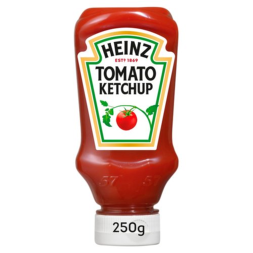 Tomato Ketchup<br/><br/><b>Further Description</b><br/>Check out our tomato ketchup recipes at Heinz.co.uk"<br/><br/><b>Features</b><br/>Perfect with a burger and chips or as a glaze for chicken wings<br/>Absolutely no artificial colours, flavours, preservatives or thickeners<br/><br/><b>Lifestyle</b><br/>Kosher<br/><br/><b>Pack Size</b><br/>250g ℮<br/><br/><b>Usage Other Text</b><br/>Serving per bottle - 16<br/><br/><b>Usage Count</b><br/>Number of uses - Servings - 16<br/><br/><br/><b>Ingredients</b><br/>Tomatoes (148g per 100g Tomato Ketchup)<br/>Spirit Vinegar<br/>Sugar<br/>Salt<br/>Spice and Herb Extracts (contain <span style='font-weight: bold;'>Celery</span>)<br/>Spice<br/><br/><b>Storage Type</b><br/>Ambient<br/><br/><b>Storage</b><br/>After opening refrigerate.<br/>
For Best Before date: see cap.<br/><br/><b>Preparation and Usage</b><br/>Shake well before use.<br/><br/><b>Company Name</b><br/>H.J. Heinz Foods UK Ltd.<br/><br/><b>Company Address</b><br/>London,<br/>
SE1 9SG.<br/><br/><b>Telephone Helpline</b><br/>UK 0800 5285757<br/>ROI 1800 995311<br/><br/><b>Return To</b><br/>H.J. Heinz Foods UK Ltd.,<br/>
London,<br/>
SE1 9SG.<br/>
heinzketchup.co.uk<br/>
UK Careline 0800 5285757<br/>
(ROI 1800 995311)<br/>