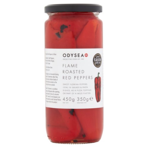 Roasted Red Peppers in Brine<br/><br/><b>Features</b><br/>Great taste gold 2012<br/>Sweet Florina Peppers<br/>Suitable for Vegetarians<br/><br/><b>Lifestyle</b><br/>Suitable for Vegetarians<br/><br/><b>Pack Size</b><br/>450g ℮<br/><br/><br/><b>Ingredients</b><br/>Red Peppers<br/>Water<br/>Red Wine Vinegar<br/>Sea Salt<br/>Sugar<br/><br/><b>Safety Warning</b><br/>Reject if lid button is up before opening.<br/><br/><b>Storage Type</b><br/>Ambient<br/><br/><b>Storage</b><br/>For Best Before Date: See Jar or Lid<br/>
Refrigerate after opening, keep covered in brine & consume within 1 week.<br/><br/><b>Preparation and Usage</b><br/>Ideal in salads & pasta dishes, as a pizza topping or part of a meze platter.<br/><br/><b>Company Name</b><br/>Odysea Ltd.<br/><br/><b>Company Address</b><br/>2 Dorma Trading Park,<br/>
London,<br/>
E10 7QX.<br/><br/><b>Web Address</b><br/>www.odysea.com<br/><br/><b>Return To</b><br/>Odysea Ltd.,<br/>
2 Dorma Trading Park,<br/>
London,<br/>
E10 7QX.<br/>
www.odysea.com<br/>