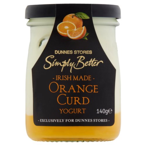 Orange Curd Yogurt<br/><br/><b>Features</b><br/>Made on the Dunne family farm, using their cow's milk<br/><br/><b>Pack Size</b><br/>140g ℮<br/><br/><b>Allergy Advice</b><br/>Eggs - Contains<br/>Milk - Contains<br/>Nuts - May Contain<br/><br/><br/><b>Ingredients</b><br/>Cow's <span style='font-weight: bold;'>Milk</span><br/>Orange Curd (20%) [Sugar, Water, Salted Butter (<span style='font-weight: bold;'>Milk</span>), Free Range Whole <span style='font-weight: bold;'>Egg</span> Powder, Orange Concentrate, Acidity Regulators: Citric Acid, Trisodium Citrate; Stabiliser: Agar; Natural Orange Flavouring, Colour: Carotene]<br/>Irish Cream (<span style='font-weight: bold;'>Milk</span>)<br/>Skim <span style='font-weight: bold;'>Milk</span> Powder<br/>Lactic Acid Cultures<br/>Contains Live Cultures: Bifidobacterium and Lactobacillus Acidophilus<br/><br/><b>Allergy Advice</b><br/>For allergens, see ingredients in <span style='font-weight: bold;'>bold</span><br/><br/><br/><b>Allergy Text</b><br/>May also contain Nuts<br/><br/><br/><b>Storage Type</b><br/>Chilled<br/><br/><b>Storage and Usage Statements</b><br/>Keep Refrigerated - Keep Refrigerated<br/><br/><b>Storage</b><br/>Keep refrigerated 0°C to +4°C.<br/><br/><b>Storage Conditions</b><br/>Min Temp °C 0<br/>Max Temp °C 4<br/><br/><b>Origin</b><br/>Produced and packed in Co. Wexford<br/><br/><b>Company Name</b><br/>Dunnes Stores / Dunnes Stores (Bangor) Ltd.<br/><br/><b>Company Address</b><br/>Dunnes Stores,<br/>
46-50 South Great George's Street,<br/>
Dublin 2.<br/>
<br/>
Dunnes Stores (Bangor) Ltd.,<br/>
28 Hill Street,<br/>
Newry,<br/>
Co. Down,<br/>
BT34 1AR.<br/><br/><b>Return To</b><br/>Dunnes Stores,<br/>
46-50 South Great George's Street,<br/>
Dublin 2.<br/>
<br/>
Dunnes Stores (Bangor) Ltd.,<br/>
28 Hill Street,<br/>
Newry,<br/>
Co. Down,<br/>
BT34 1AR.<br/>