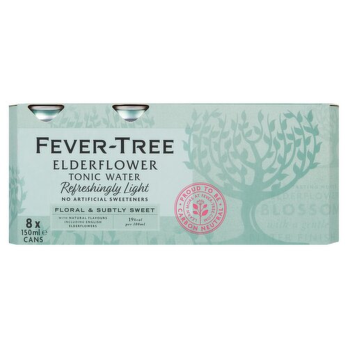 Refreshingly Light Elderflower Tonic Water<br/><br/><b>Further Description</b><br/>.<br/><br/><b>Nutritional Claims</b><br/>Low in calories<br/><br/><b>Features</b><br/>A fresh, floral & subtly sweet tonic water crafted by blending spring water with the essential oils of handpicked elderflower and quinine from Central Africa.<br/>Fever-Tree Refreshingly Light Elderflower Tonic Water contains 40% fewer calories than Fever-Tree Premium Indian Tonic Water and contains absolutely no artificial flavours or sweeteners.<br/>It pairs perfectly with fresh & floral gins and premium vodkas. For the perfect drink simply mix: 50ml spirit, 150ml Fever-Tree Mixer, garnish & stir.<br/>Fever-Tree is proud to be voted no.1 bestselling and top trending mixer by the world’s best bars (Drinks International Awards 2022).<br/><br/><b>Pack Size</b><br/>150ml ℮<br/><br/><b>Recycling Info</b><br/>Sleeve - Card - Widely Recycled<br/><br/><br/><b>Ingredients</b><br/>Carbonated Spring Water<br/>Fructose (Fruit Sugar)<br/>Fresh Elderflower Extract<br/>Acid: Citric Acid<br/>Natural Flavourings including Natural Quinine<br/><br/><b>Number of Units</b><br/>8<br/><br/><b>Storage Type</b><br/>Ambient<br/><br/><b>Storage</b><br/>Store in a cool, dry place.<br/>
Best before end: See base of can.<br/><br/><b>Preparation and Usage</b><br/>If 3/4 of your drink is the mixer, mix with best™<br/><br/>Country of Origin - United Kingdom<br/><br/><b>Company Name</b><br/>Fevertree Ltd<br/><br/><b>Company Address</b><br/>186-188 Shepherds Bush Road,<br/>
London,<br/>
W6 7NL,<br/>
UK.<br/><br/><b>Web Address</b><br/>www.fever-tree.com<br/><br/><b>Return To</b><br/>Fevertree Ltd,<br/>
186-188 Shepherds Bush Road,<br/>
London,<br/>
W6 7NL,<br/>
UK.<br/>
www.fever-tree.com<br/>