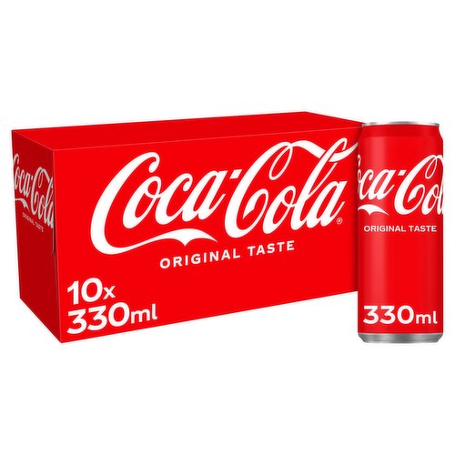 The No. 1 Cola Flavoured Soft Drink with Vegetable Extracts and Sweeteners<br/><br/><b>Further Description</b><br/>Saving Over 290 Tonnes of Plastic Each Year**<br/>
**Based on plastic film reduction 2019 v 2020<br/><br/><b>Pack Size</b><br/>330ml ℮<br/><br/><b>Usage Other Text</b><br/>This multipack contains 10 x 330ml cans<br/><br/><b>Usage Count</b><br/>Number of uses - Servings - 10<br/><br/><b>Recycling Info</b><br/>Can - Certified as Recyclable<br/><br/><br/><b>Ingredients</b><br/>Carbonated Water<br/>Sugar<br/>Colour (Caramel E150d)<br/>Acid (Phosphoric Acid)<br/>Natural Flavourings Including Caffeine<br/><br/><b>Number of Units</b><br/>10<br/><br/><b>Storage Type</b><br/>Ambient<br/><br/><b>Storage</b><br/>Store cool and dry.<br/>
Best before: See base of can.<br/><br/><b>Preparation and Usage</b><br/>Best served chilled<br/><br/><b>Company Name</b><br/>Coca-Cola HBC Northern Ireland Ltd / Coca-Cola HBC Ireland Ltd<br/><br/><b>Company Address</b><br/>Coca-Cola HBC Northern Ireland Ltd,<br/>
12 Lissue Road,<br/>
Lisburn,<br/>
BT28 2SZ.<br/>
<br/>
Coca-Cola HBC Ireland Ltd,<br/>
Ballycoolin,<br/>
Dublin 11.<br/><br/><b>Telephone Helpline</b><br/>NI 0-800-317318<br/>ROI 1-800-317318<br/><br/><b>Web Address</b><br/>coca-colabottlers.com<br/><br/><b>Return To</b><br/>Coca-Cola HBC Northern Ireland Ltd,<br/>
12 Lissue Road,<br/>
Lisburn,<br/>
BT28 2SZ.<br/>
NI 0-800-317318<br/>
<br/>
Coca-Cola HBC Ireland Ltd,<br/>
Ballycoolin,<br/>
Dublin 11.<br/>
ROI 1-800-317318<br/>
coca-colabottlers.com<br/>