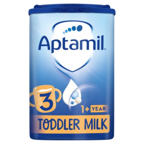 Fortified milk drink for young children, with a 25% fermented dairy-based blend.<br/><br/><b>Further Description</b><br/>We are devoted to providing you and your toddler our very best. We don't produce for any supermarket own-label brands.<br/>
<br/>
For information on Halal, visit our website.<br/>
<br/>
Please note we have made changes to the oil blend in our Toddler Formula Milk powders, given the shortages of sunflower oil due to the war in Ukraine. It is the same nutritional profile as current Toddler Formula Milk, but the ingredients now have reduced levels of sunflower oil and the introduction of fully refined soybean oil to ensure the overall fatty acid profile of the recipe remains the same. For more information about the change, please see our website or reach out to us through our careline.<br/><br/><b>Features</b><br/>Tailored to support toddler's nutritional needs<br/>Vitamins A, C, D calcium, iron, omega-3, nutri fibres (GOS/FOS)<br/>Palm Oil Free Oil Blend<br/><br/><b>Pack Size</b><br/>800g ℮<br/><br/><br/><b>Ingredients</b><br/>Dairy-Based Blend (of which 25% is Fermented) [Lactose (from <span style='font-weight: bold;'>Milk</span>), Skimmed <span style='font-weight: bold;'>Milk</span>, Vegetable Oils (Rapeseed Oil, Sunflower Oil, High Oleic Sunflower Oil, Coconut Oil), Whey Products (Demineralised Whey, Whey Concentrate) (from <span style='font-weight: bold;'>Milk</span>), Calcium Phosphate, Calcium Carbonate, <span style='font-weight: bold;'>Fish</span> Oil, Potassium Citrate, Sodium Citrate, Potassium Chloride, Vitamin C, Emulsifier (<span style='font-weight: bold;'>Soy</span> Lecithin), Choline Chloride, Inositol, Magnesium Chloride, Antioxidant (Vitamin C), Pantothenic Acid, Vitamin E, Nicotinamide, Riboflavin, Vitamin B₆, Thiamin, Potassium Iodide, Folic Acid, Vitamin K₁, Biotin, Vitamin B₁₂]<br/>Maltodextrin<br/>Galacto-Oligosaccharides (GOS) (from <span style='font-weight: bold;'>Milk</span>)<br/>Fructo-Oligosaccharides (FOS)<br/>Magnesium Hydrogen Phosphate<br/>Ferrous Sulphate<br/>Zinc Sulphate<br/><span style='font-weight: bold;'>Milk</span> Flavouring<br/>Vitamin A<br/>Vitamin D₃<br/><br/><b>Allergy Advice</b><br/>For allergens, see ingredients in <span style='font-weight: bold;'>bold</span>.<br/><br/><br/><b>Lower Age Limit</b><br/>Advisory - Years - 1<br/><br/><b>Safety Warning</b><br/>This product is made to strict hygiene standards but because powdered formula mills are not sterile, failure to follow instructions on preparation and storage may make your toddler ill.<br/>
<br/>
Dental advice<br/>
Do not allow prolonged or frequent contact of drinks with your toddler's teeth as this increases the risk of tooth decay. Ask your healthcare professional or dentist for advice.<br/><br/><b>Storage Type</b><br/>Ambient<br/><br/><b>Storage</b><br/>Store powder in a cool, dry place.<br/>
Do not refrigerate.<br/>
Use powder within 4 weeks of opening.<br/><br/><b>Preparation and Usage</b><br/>A Pack Designed for You<br/>
Double safety strip<br/>
To be sure your formula has not been opened and retains its freshness<br/>
Scoop leveller<br/>
To get the dose just right<br/>
Scoop storer<br/>
To keep your scoop and hands out of the powder<br/>
<br/>
Preparing Your Toddler's Drink<br/>
We recommend giving your toddler about 2 x 150ml beakers of Aptamil® Toddler Milk a day, as part of a varied, balanced diet. Aptamil Toddler Milk is specially formulated to help meet the increased nutritional needs of toddlers from 1 year onwards.<br/>
1 Beaker: No. of level scoops per drink (1 scoop = 5.0g): 5, Quantity of water per drink: 150 ml / 5 fl oz<br/>
<br/>
Important: Always use the scoop provided, please note the colour of the scoop in this pack may change from time to time.<br/>
1 Water: Measure 150ml or 5fl.oz of boiled, cooled water into a clean beaker.<br/>
2 Powder: Using the scoop provided, add 5 levelled scoops of powder into the beaker. Do not press/heap the powder.<br/>
3 Shake: Place the clean lid on the beaker and shake straight away. For best results, shake vertically and vigorously for at least 10 seconds, until all of the powder is dissolved.<br/>
4 Check temperature and drink immediately.<br/>
<br/>
Important feeding and storage advice<br/>
Make up each drink as required.<br/>
For hygiene reasons, do not store made up drinks, discard unfinished drinks as soon as possible, and always within 2 hours.<br/>
Do not heat drinks in a microwave, hot spots may occur and cause scalding.<br/>
Never add extra scoops or anything else to your toddler's drink.<br/>
Toddlers should be supervised at all times when feeding.<br/><br/>Country of Origin - Produce of the EU<br/><br/><b>Origin</b><br/>Manufactured in the E.U.<br/><br/><b>Company Name</b><br/>Nutricia Ltd / Nutricia Ireland Ltd<br/><br/><b>Company Address</b><br/>Nutricia Ltd,<br/>
White Horse Business Park,<br/>
Trowbridge,<br/>
Wiltshire,<br/>
BA14 0XQ.<br/>
<br/>
Nutricia Ireland Ltd,<br/>
Block 1,<br/>
Deansgrange Business Park,<br/>
Deansgrange,<br/>
Co. Dublin.<br/><br/><b>Durability after Opening</b><br/>Consume Within - Weeks - 4<br/><br/><b>Telephone Helpline</b><br/>UK: 0800 996 1000<br/>ROI: 1800 22 1234<br/><br/><b>Web Address</b><br/>www.aptaclub.ie<br/><br/><b>Return To</b><br/>Quality guarantee<br/>
This product should reach you in perfect condition. If it is not satisfactory, please contact us. This guarantee does not affect your statutory rights.<br/>
Nutricia Ltd,<br/>
White Horse Business Park,<br/>
Trowbridge,<br/>
Wiltshire,<br/>
BA14 0XQ.<br/>
<br/>
Nutricia Ireland Ltd,<br/>
Block 1,<br/>
Deansgrange Business Park,<br/>
Deansgrange,<br/>
Co. Dublin.<br/>
Our experts are here for you to listen and give you personalised advice and support on feeding and parenting. Our team of baby feeding advisors can offer support and advice.<br/>
UK: 0800 996 1000 (8:00-20:00 Monday-Friday)<br/>
ROI: 1800 22 1234 (8:30-17:30 Monday-Friday)<br/>
www.aptaclub.ie<br/>
ask@aptaclub.ie<br/>
