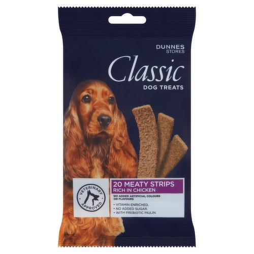 Dunnes Stores Classic Dog Treats 20 Meaty Strips Rich in Chicken 200g