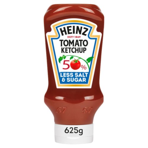 Tomato Ketchup with Sugar and Sweetener.<br/><br/><b>Further Description</b><br/>Check out our tomato ketchup recipes at Heinz.co.uk<br/><br/><b>Features</b><br/>Contains 50% less sugar and 50% less salt than regular Heinz Tomato Ketchup<br/>Sweetener from natural source<br/>Perfect with a burger & chips or even a flame grilled chicken breast & side salad<br/>Absolutely no artificial colours, flavours or preservatives<br/><br/><b>Lifestyle</b><br/>Kosher<br/><br/><b>Pack Size</b><br/>625g ℮<br/><br/><b>Usage Other Text</b><br/>Servings per bottle - 42<br/><br/><b>Usage Count</b><br/>Number of uses - Servings - 42<br/><br/><br/><b>Ingredients</b><br/>Tomatoes (174g per 100g Tomato Ketchup)<br/>Spirit Vinegar<br/>Sugar<br/>Salt<br/>Spice and Herb Extracts (contains <span style='font-weight: bold;'>Celery</span>)<br/>Sweetener (Steviol Glycosides)<br/>Spice<br/><br/><b>Storage Type</b><br/>Ambient<br/><br/><b>Storage</b><br/>After opening refrigerate and eat within 8 weeks.<br/>
Best before: see cap.<br/><br/><b>Preparation and Usage</b><br/>Before use, open cap and remove foil.<br/>
Shake well before use.<br/><br/><b>Company Name</b><br/>H.J. Heinz Foods UK Ltd.<br/><br/><b>Company Address</b><br/>London,<br/>
SE1 9SG,<br/>
United Kingdom.<br/><br/><b>Telephone Helpline</b><br/>UK 0800 5285757<br/>ROI 1800 995311<br/><br/><b>Web Address</b><br/>heinz.co.uk<br/><br/><b>Return To</b><br/>H.J. Heinz Foods UK Ltd.,<br/>
London,<br/>
SE1 9SG,<br/>
United Kingdom.<br/>
heinz.co.uk<br/>
UK Careline 0800 5285757<br/>
(ROI 1800 995311)<br/>