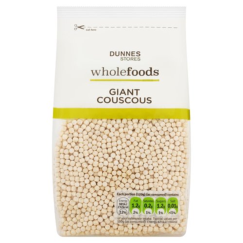 Giant Couscous<br/><br/><b>Nutritional Claims</b><br/>Source of protein<br/>Naturally low in fat<br/><br/><b>Features</b><br/>Source of protein<br/>Naturally low in fat<br/>Suitable for vegans<br/><br/><b>Lifestyle</b><br/>Low Fat<br/>Suitable for Vegans<br/><br/><b>Pack Size</b><br/>400g ℮<br/><br/><b>Usage Other Text</b><br/>Number of servings: 10<br/><br/><b>Usage Count</b><br/>Number of uses - Servings - 10<br/><br/><br/><b>Ingredients</b><br/>Durum <span style='font-weight: bold;'>Wheat</span> Semolina<br/><br/><b>Allergy Advice</b><br/>For allergens, including Cereals containing Gluten, see ingredients in <span style='font-weight: bold;'>bold</span><br/><br/><br/><b>Allergy Text</b><br/>May also contain other Gluten sources (Barley), Soya and Sulphites<br/><br/><br/><b>Storage Type</b><br/>Ambient<br/><br/><b>Storage</b><br/>Store in a cool dry place.<br/>
Once opened, store in airtight container.<br/><br/><b>Cooking Guidelines</b><br/>Hob - From Ambient - Cooking times will vary with appliances, the following are guidelines only. Remove all packaging.<br/>
Boil & Simmer<br/>
Per serving, add 40g of giant couscous to a saucepan of 80ml of boiling water.<br/>
Reduce the heat and simmer for time indicated above, until the couscous absorbs the water and is firm but tender.<br/>
Separate the grains with a fork before serving.<br/><br/><b>Origin</b><br/>Packed in the Co. Dublin<br/><br/><b>Company Name</b><br/>Dunnes Stores / Dunnes Stores (Bangor) Ltd.<br/><br/><b>Company Address</b><br/>Dunnes Stores,<br/>
46-50 South Great George's Street,<br/>
Dublin 2.<br/>
<br/>
Dunnes Stores (Bangor) Ltd.,<br/>
28 Hill Street,<br/>
Newry,<br/>
Co. Down,<br/>
BT34 1AR.<br/><br/><b>Return To</b><br/>Dunnes Stores,<br/>
46-50 South Great George's Street,<br/>
Dublin 2.<br/>
<br/>
Dunnes Stores (Bangor) Ltd.,<br/>
28 Hill Street,<br/>
Newry,<br/>
Co. Down,<br/>
BT34 1AR.<br/>