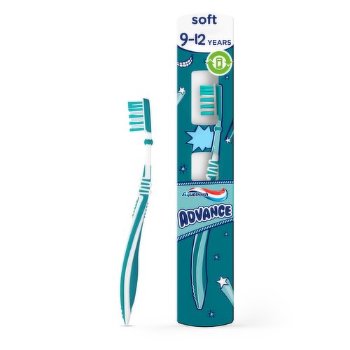 Aquafresh Advance Kids toothbrush, for children aged 9-12 years old. Soft interdental bristles
