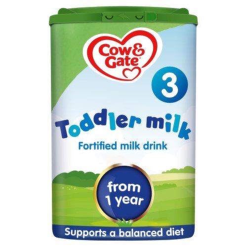 Fortified milk drink from 1 year<br/><br/><b>Further Description</b><br/>Need to chat?<br/>
For tips and non-judgemental support, our specialist baby advisors and experienced parents ar here to talk and t encourage confident parenting at every stage.<br/>
<br/>
We are taking small steps (and some bigger ones) to help reduce our impact and protect the planet for the future of our little ones.<br/>
<br/>
For information on Halal, visit our website.<br/><br/><b>Nutritional Claims</b><br/>Source of vitamins A, C & D<br/><br/><b>Features</b><br/>Supports a balanced diet<br/>Iron, calcium, vit. B12<br/>Source of vitamins A, C & D<br/><br/><b>Pack Size</b><br/>800g ℮<br/><br/><br/><b>Ingredients</b><br/>Lactose (from <span style='font-weight: bold;'>Milk</span>)<br/>Skimmed <span style='font-weight: bold;'>Milk</span><br/>Vegetable Oils (Fully Refined Soybean Oil, Sunflower Oil, Coconut Oil, Rapeseed Oil) in varying proportions<br/>Maltodextrin<br/>Galacto-Oligosaccharides (GOS) (from <span style='font-weight: bold;'>Milk</span>)<br/>Calcium Phosphate<br/>Potassium Citrate<br/>Calcium Carbonate<br/>Fructo-Oligosaccharides (FOS)<br/>Magnesium Citrate<br/>Potassium Chloride<br/>Sodium Citrate<br/>Vitamin C<br/>Emulsifier (<span style='font-weight: bold;'>Soy</span> Lecithin)<br/>Inositol<br/>Iron Sulphate<br/>Zinc Sulphate<br/>Pantothenic Acid<br/>Vitamin E<br/>Antioxidant (Vitamin C)<br/>Niacin<br/>Riboflavin<br/>Thiamin<br/>Vitamin A<br/>Vitamin B₆<br/>Potassium Iodide<br/>Folic Acid<br/>Vitamin K₁<br/>Vitamin D₃<br/>Biotin<br/>Vitamin B₁₂<br/><br/><b>Allergy Advice</b><br/>For allergens, see ingredients in <span style='font-weight: bold;'>bold</span>.<br/><br/><br/><b>Storage Type</b><br/>Ambient<br/><br/><b>Storage</b><br/>- Store powder in a cool, dry place. Do not refrigerate.<br/>
- Use powder within 4 weeks of opening.<br/><br/><b>Preparation and Usage</b><br/>Feeding guide from 1 year<br/>
1 beaker: Amount of water ml: 150, fl.oz: 5, No. of level scoops (1 scoop = 4.8g): 5<br/>
From 1 year, we recommend giving your toddler about 2 x 150ml beakers of Cow & Gate Toddler milk per day.<br/>
Always use the scoop provided.<br/>
Scoop colour may change from time to time.<br/>
<br/>
Important feeding and storage advice<br/>
- Make up each drink as required.<br/>
- For hygiene reasons, do not store made-up drinks, discard unfinished drinks as soon as possible, and always drink within 2 hours.<br/>
- Do not heat in a microwave, hot spots may occur and cause scalding.<br/>
- Do not leave your toddler alone during eating and drinking.<br/>
<br/>
How to use this pack<br/>
To open, remove strip and lift lid.<br/>
A scoop is provided in this pack, please store inside the lid.<br/>
Click the lid securely shut.<br/>
<br/>
How to prepare your toddler's milk<br/>
Because powdered milks are not sterile, failure to follow preparation and storage instructions may make your toddler ill.<br/>
1 Measure 150ml or 5fl.oz of boiled, cooled water into a clean beaker.<br/>
2 Using the scoop provided, add 5 levelled scoops of powder into the beaker.<br/>
3 Replace clean lid on beaker.<br/>
Shake immediately, vertically and vigorously for at least 10 seconds until the powder is dissolved.<br/>
4 Check temperature and drink immediately.<br/>
<br/>
Dental advice<br/>
Do not allow prolonged contact of milks with teeth and make sure your toddler's teeth are cleaned after the last feed at night. Ask your dentist for advice.<br/><br/><b>Company Name</b><br/>Nutricia Ltd / Nutricia Ireland Ltd<br/><br/><b>Company Address</b><br/>Nutricia Ltd,<br/>
Trowbridge,<br/>
BA14 0XQ.<br/>
<br/>
Nutricia Ireland Ltd,<br/>
Block 1,<br/>
Deansgrange Business Park,<br/>
Deansgrange,<br/>
Co. Dublin.<br/><br/><b>Durability after Opening</b><br/>Consume Within - Weeks - 4<br/><br/><b>Telephone Helpline</b><br/>UK 0800 977 8880<br/>ROI 1-800 570 570<br/><br/><b>Web Address</b><br/>cgbabyclub.co.uk<br/>candgbabyclub.ie<br/><br/><b>Return To</b><br/>Quality guarantee<br/>
This product should reach you in perfect condition. If it is not satisfactory, please contact us.<br/>
This guarantee does not affect your statutory rights.<br/>
Lets talk from Cow & Gate<br/>
UK 0800 977 8880<br/>
cgbabyclub.co.uk<br/>
ROI 1-800 570 570<br/>
candgbabyclub.ie<br/>
Nutricia Ltd,<br/>
Trowbridge,<br/>
BA14 0XQ.<br/>
<br/>
Nutricia Ireland Ltd,<br/>
Block 1,<br/>
Deansgrange Business Park,<br/>
Deansgrange,<br/>
Co. Dublin.<br/>