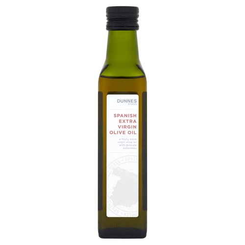 Spanish Extra Virgin Olive Oil.<br/><br/><b>Features</b><br/>A fruity extra virgin olive oil with delicate bitterness<br/>Free from hydrogenated fat<br/>Suitable for vegetarians<br/><br/><b>Lifestyle</b><br/>Suitable for Vegetarians<br/><br/><b>Pack Size</b><br/>250ml ℮<br/><br/><br/><b>Ingredients</b><br/>Spanish Extra Virgin Olive Oil (100%)<br/><br/><b>Storage Type</b><br/>Ambient<br/><br/><b>Storage</b><br/>Store in a cool dry place.<br/>
Keep away from light and heat.<br/>
Do not refrigerate. If stored below 7°C oil may become cloudy. This will clear when returned to room temperature and will not affect the quality of the oil.<br/><br/>Country of Origin - Spain<br/><br/><b>Origin</b><br/>Produced and bottled in Spain<br/><br/><b>Company Name</b><br/>Dunnes Stores / Dunnes Stores (Bangor) Ltd.<br/><br/><b>Company Address</b><br/>Dunnes Stores,<br/>
46-50 South Great George's Street,<br/>
Dublin 2.<br/>
<br/>
Dunnes Stores (Bangor) Ltd.,<br/>
28 Hill Street,<br/>
Newry,<br/>
Co. Down,<br/>
BT34 1AR.<br/><br/><b>Return To</b><br/>Dunnes Stores,<br/>
46-50 South Great George's Street,<br/>
Dublin 2.<br/>
<br/>
Dunnes Stores (Bangor) Ltd.,<br/>
28 Hill Street,<br/>
Newry,<br/>
Co. Down,<br/>
BT34 1AR.<br/>