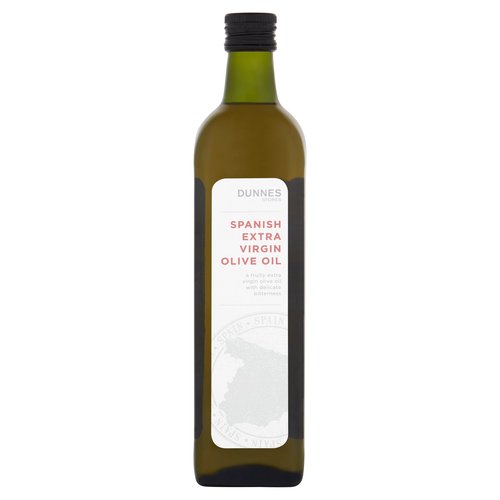 Spanish Extra Virgin Olive Oil.<br/><br/><b>Features</b><br/>A fruity extra virgin olive oil with delicate bitterness<br/>Free from hydrogenated fat<br/>Suitable for vegetarians<br/><br/><b>Lifestyle</b><br/>Suitable for Vegetarians<br/><br/><b>Pack Size</b><br/>750ml ℮<br/><br/><b>Usage Other Text</b><br/>Number of servings per pack: 50<br/><br/><b>Usage Count</b><br/>Number of uses - Servings - 50<br/><br/><br/><b>Ingredients</b><br/>Spanish Extra Virgin Olive Oil (100%)<br/><br/><b>Storage Type</b><br/>Ambient<br/><br/><b>Storage</b><br/>Store in a cool dry place.<br/>
Keep away from light and heat.<br/>
Do not refrigerate. If stored below 7°C oil may become cloudy. This will clear when returned to room temperature and will not affect the quality of the oil.<br/><br/>Country of Origin - Spain<br/>Packed In - Spain<br/><br/><b>Origin</b><br/>Produced and bottled in Spain<br/><br/><b>Company Name</b><br/>Dunnes Stores / Dunnes Stores (Bangor) Ltd.<br/><br/><b>Company Address</b><br/>Dunnes Stores,<br/>
46-50 South Great George's Street,<br/>
Dublin 2.<br/>
<br/>
Dunnes Stores (Bangor) Ltd.,<br/>
28 Hill Street,<br/>
Newry,<br/>
Co. Down,<br/>
BT34 1AR.<br/><br/><b>Return To</b><br/>Dunnes Stores,<br/>
46-50 South Great George's Street,<br/>
Dublin 2.<br/>
<br/>
Dunnes Stores (Bangor) Ltd.,<br/>
28 Hill Street,<br/>
Newry,<br/>
Co. Down,<br/>
BT34 1AR.<br/>
