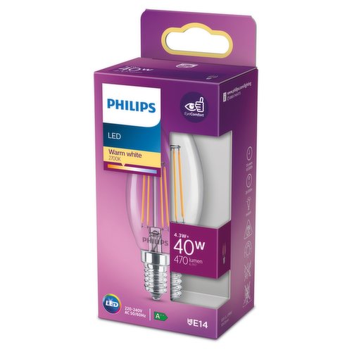 Philips LED Clear E14 Small Edison Screw 4.3W (40 Equivalent) Non-Dimmable Warm White Single Pack